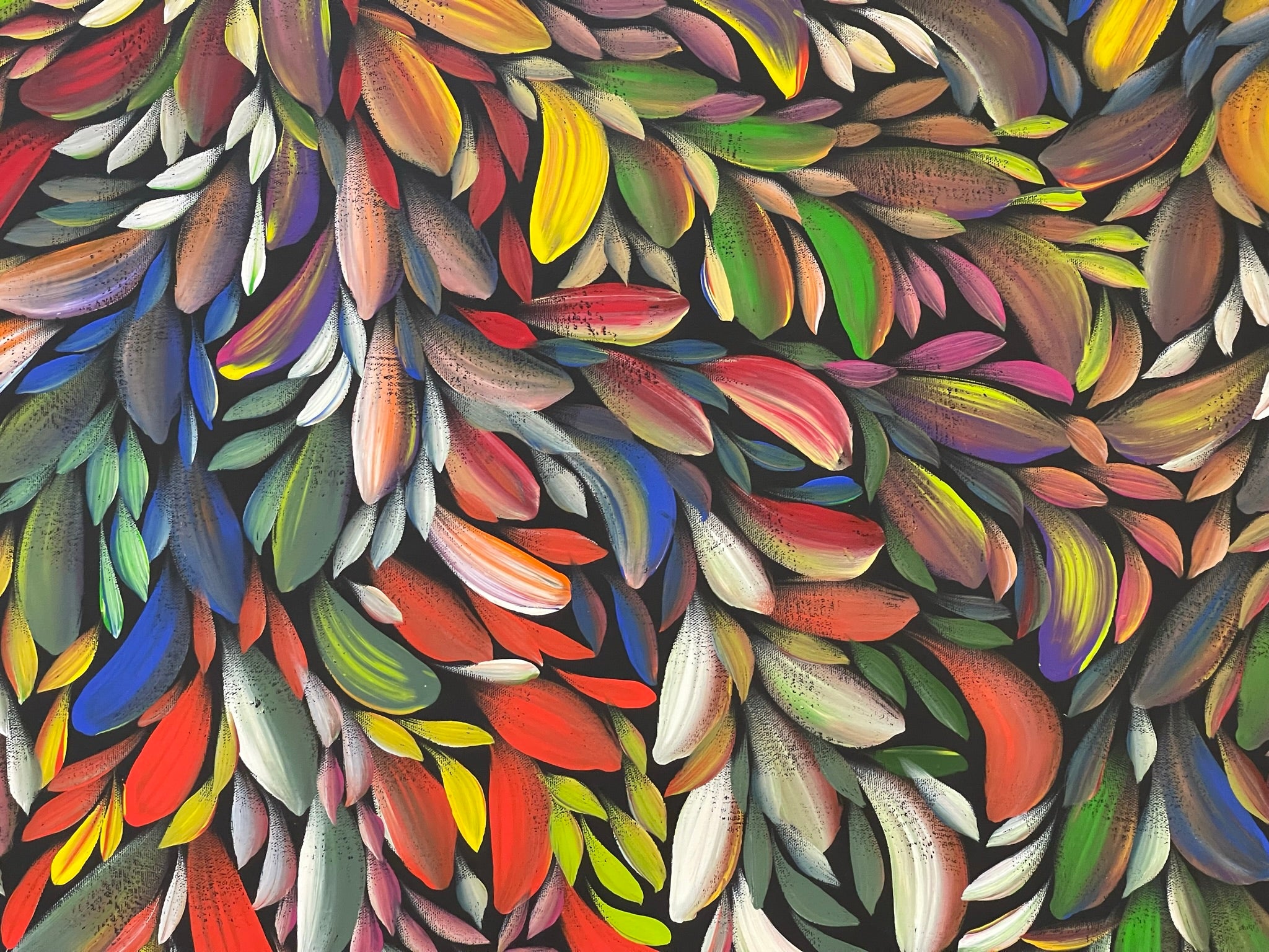 Louise Numina Napananka's colourful Bush Medicine Leaves artwork | Raintree Art Aboriginal Art Ballarat