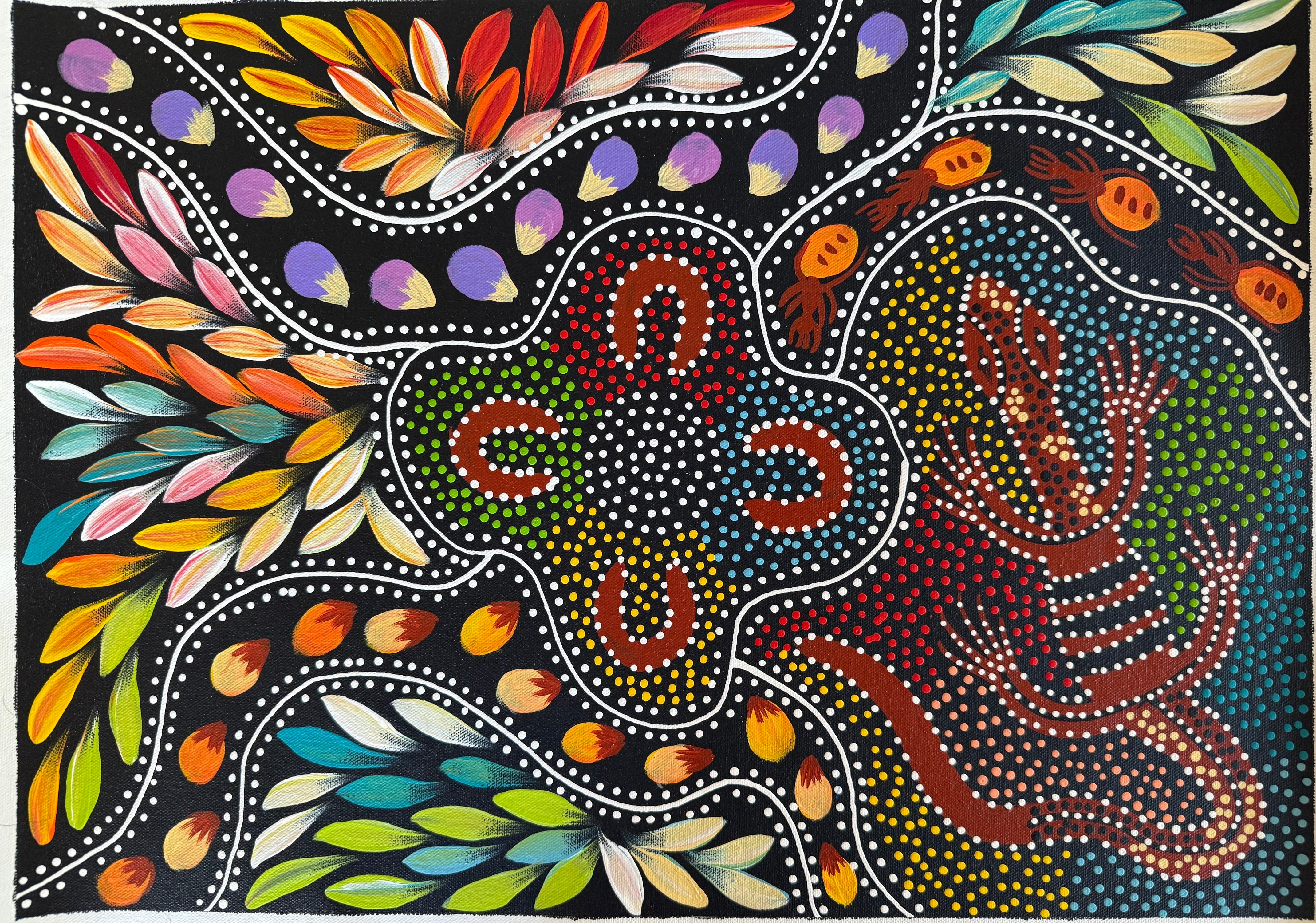 Jacinta Numina Waugh - Women Hunting for Medicine Leaves, Goanna, Honey-Ants, Bush Plums, Bush Tomatoes - 53x38cm .12-2