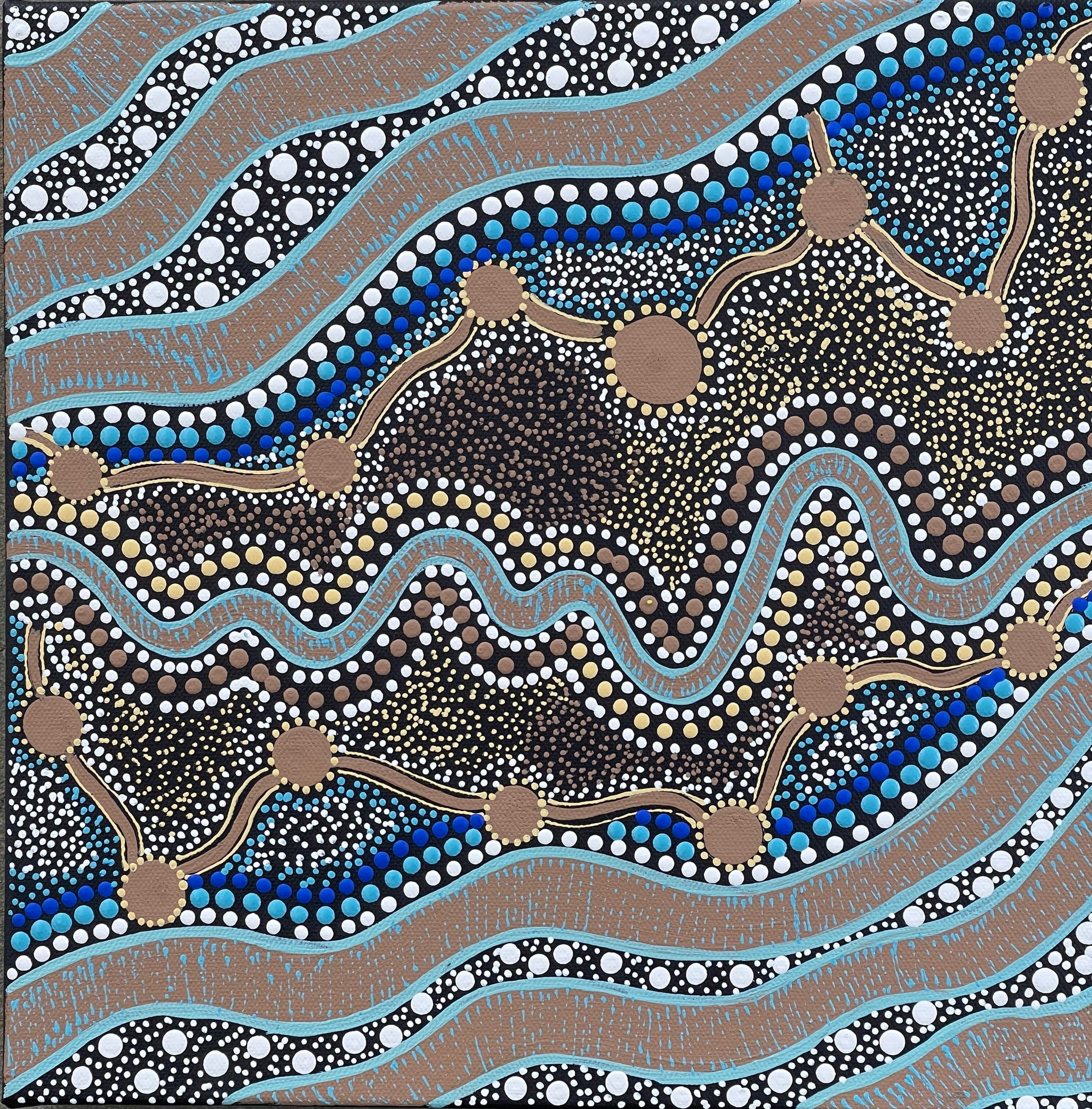 Deidre Burgoyne Rosier - Family Travel Tracks to the Land and Sea - 30x30cm Stretched ready to hang .47-14