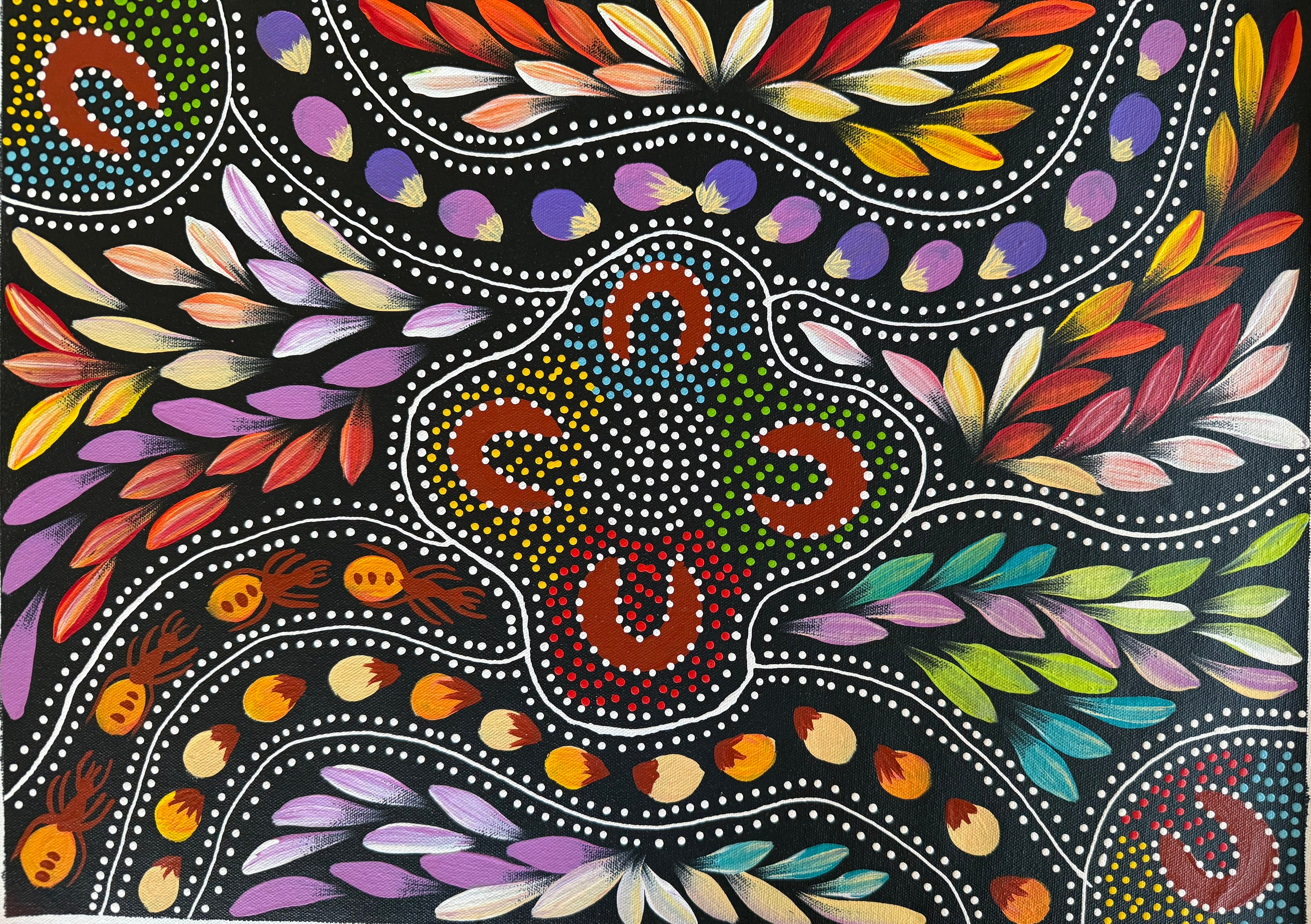 Jacinta Numina Waugh - Women Hunting for Bush Medicine Leaves, Bush Plums, Bush Tomatoes - 53x38cm .12-1