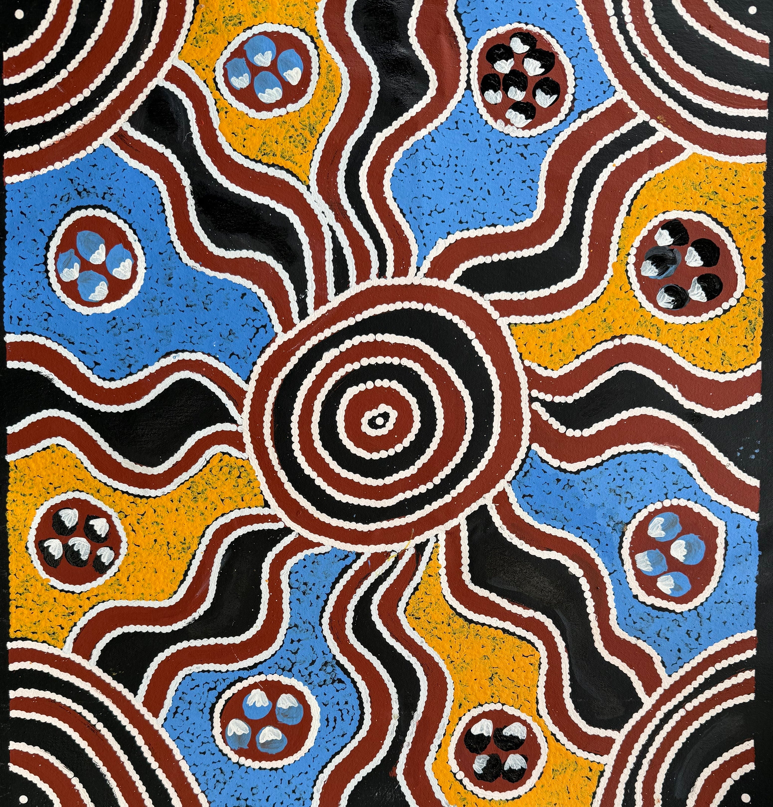 Aboriginal Art by Barbara Pananka, titled Bush Tucker, depicting brown swirls with alternative blue, yellow, and black sections