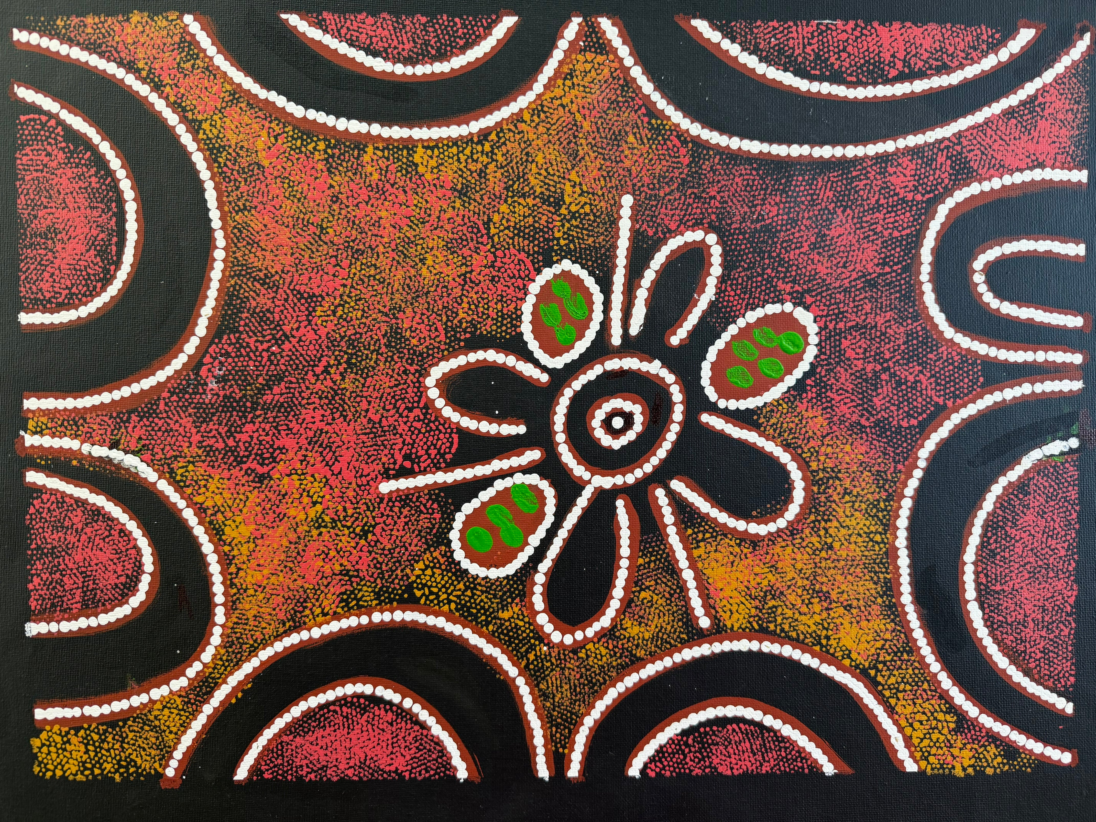Aboriginal Art by Barbara Pananka depicting Women's Collecting Bush Tucker, with a textured red and yellow background, and black and white semi-circle motifs around the edges of the canvas.
