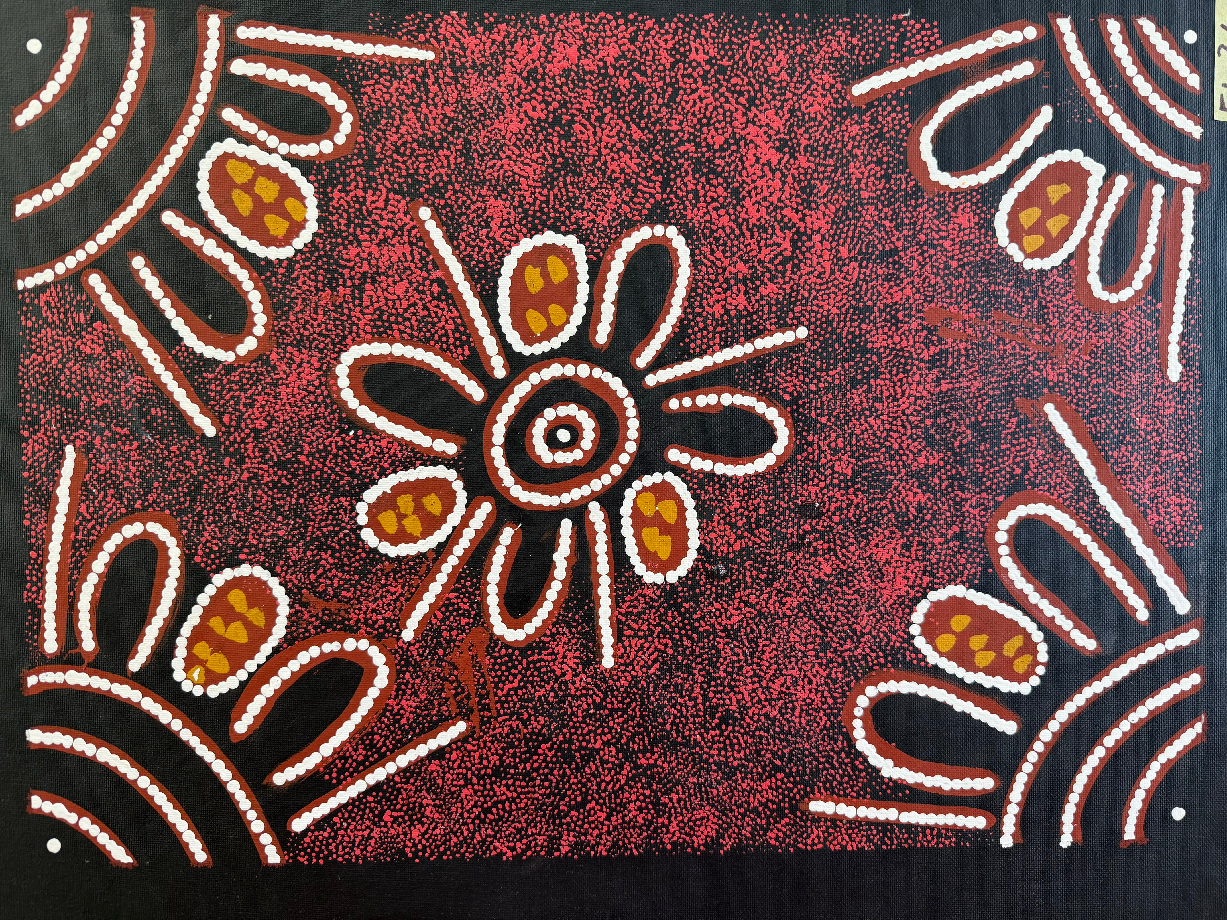 Aboriginal Art by Barbara Pananka with red and brown colours, including traditional Aboriginal motifs on a small canvas.