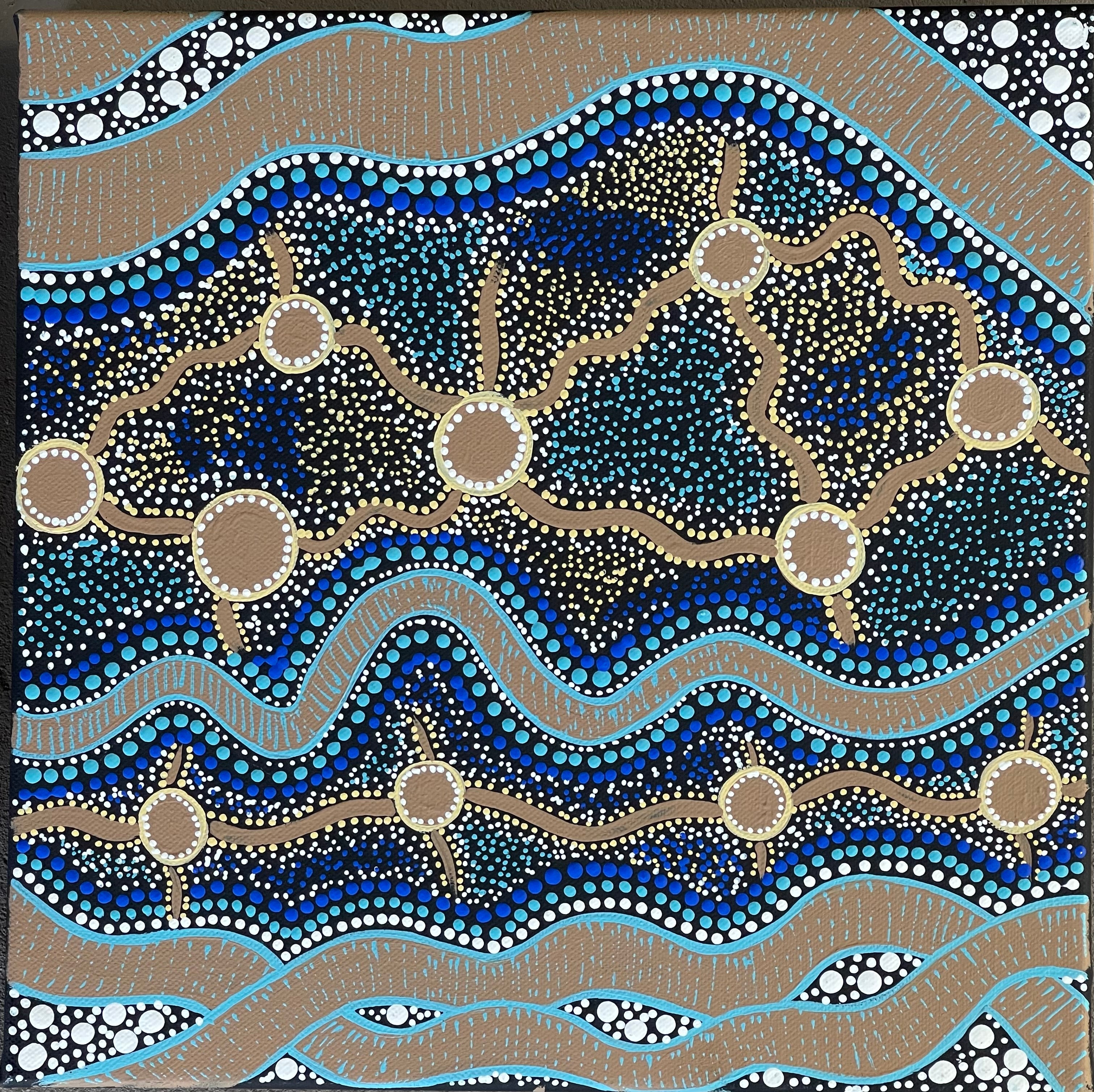 Deidre Burgoyne Rosier - Family Travel Tracks to the Land and Sea - 30x30cm Stretched ready to hang .47-13