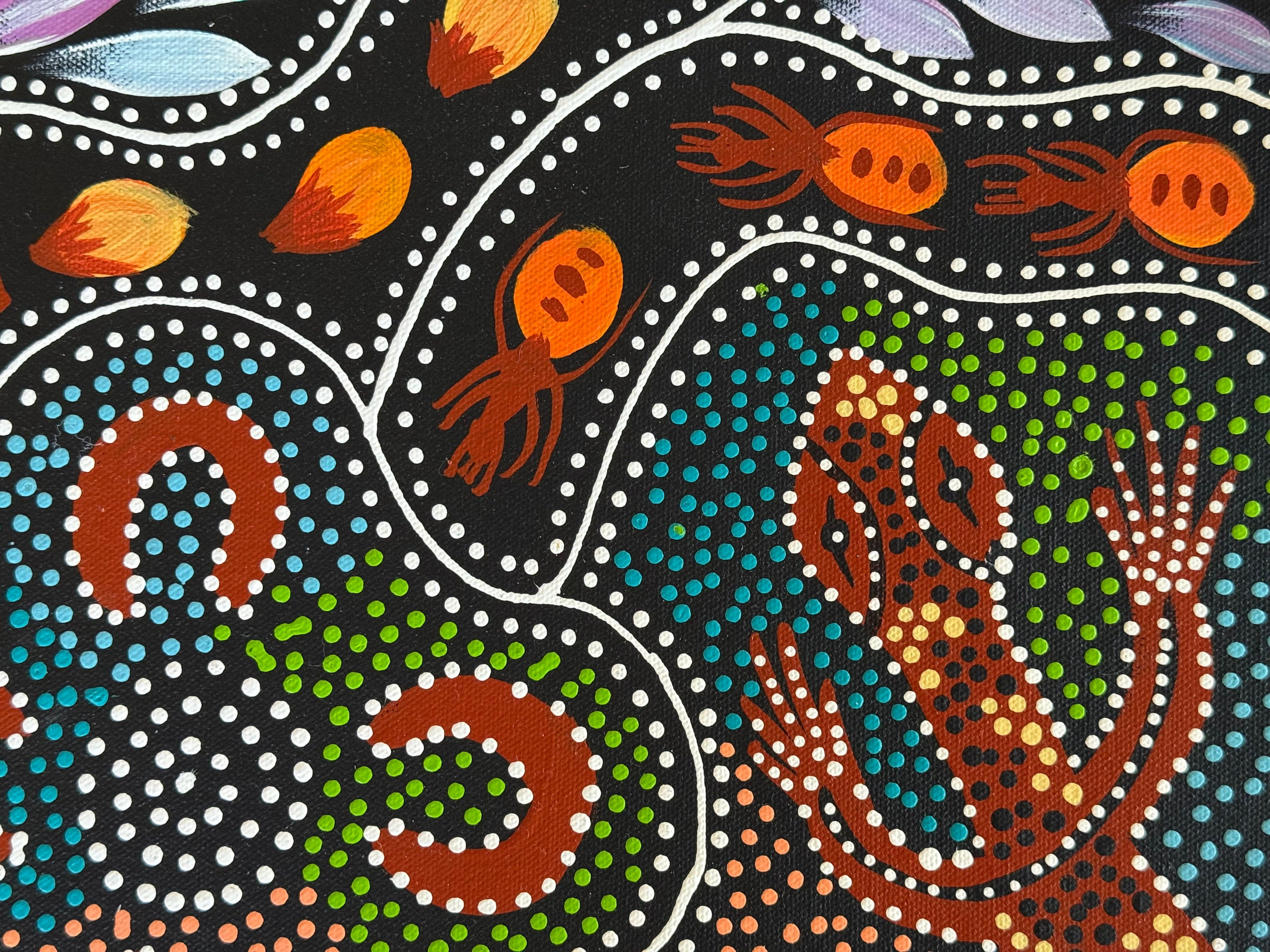 Jacinta Numina Waugh - Women Hunting for Bush Medicine Leaves, Goanna, Bush Plums, Bush Tomatoes, Honey-Ants - 53x38cm .12-5