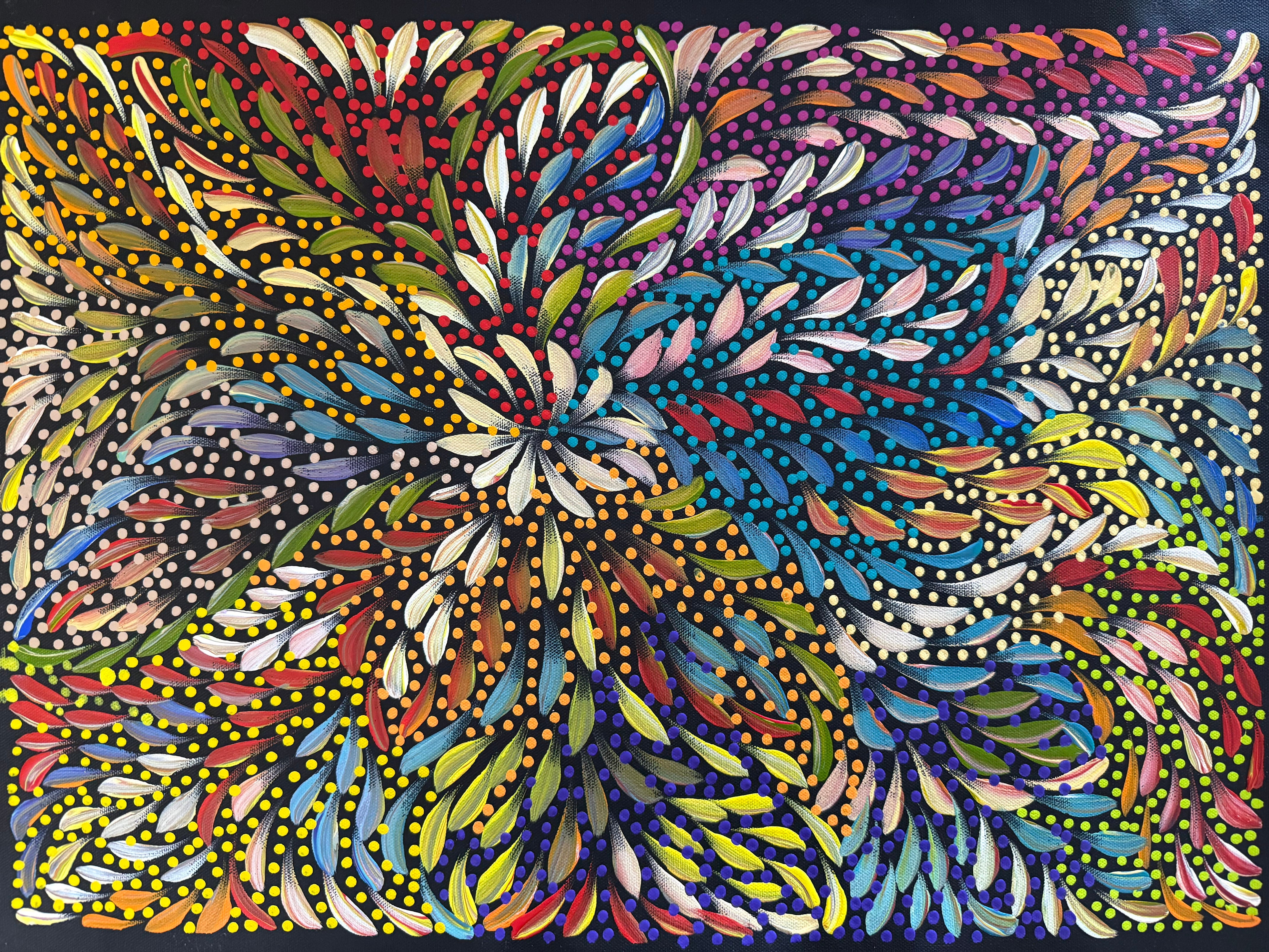 Aboriginal Art by Caroline Numina depicting Seeded Bush Medicine Leaves in bright multicoloured paint