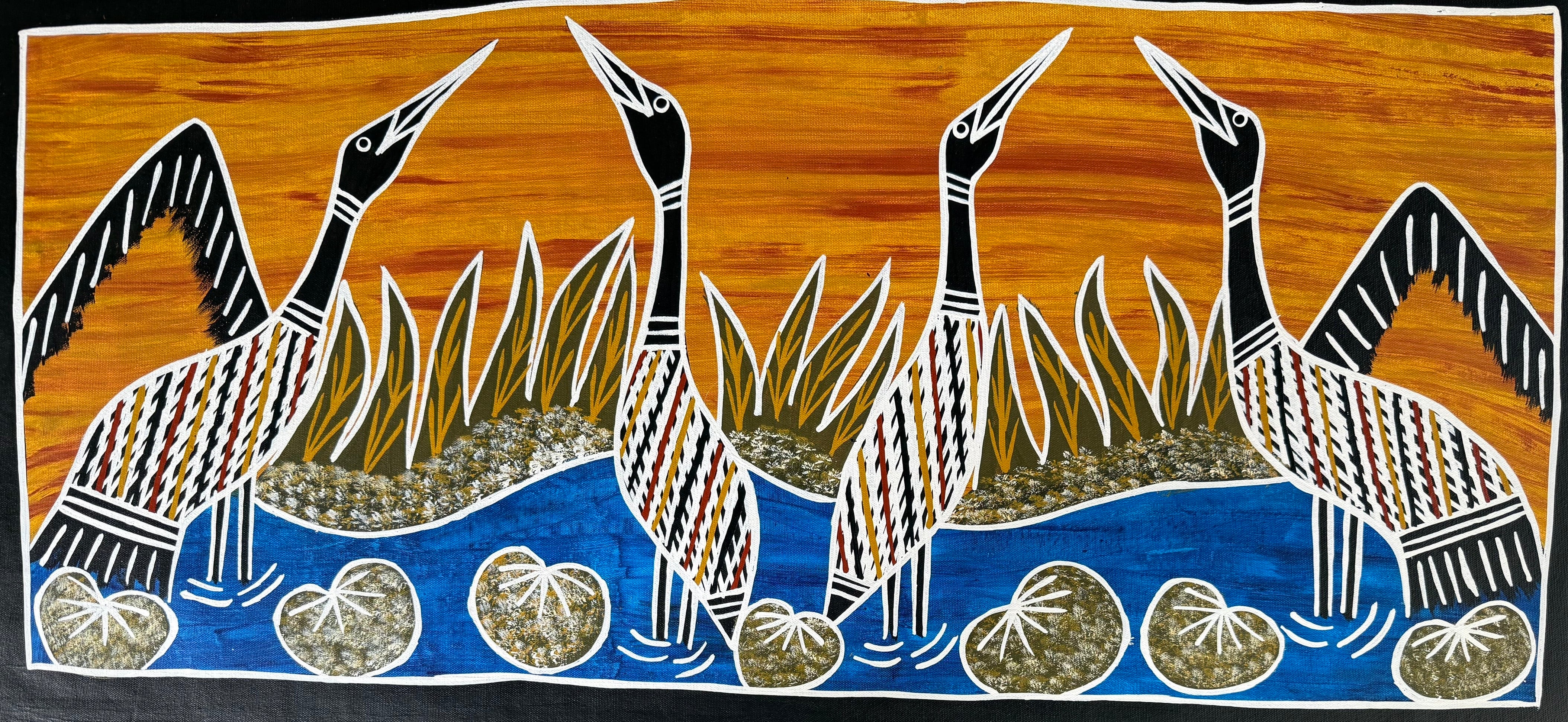 Aboriginal Art by Christine Burarrwanga depicting four brolgas dancing in water, with flora in the background against a textured golden sky.