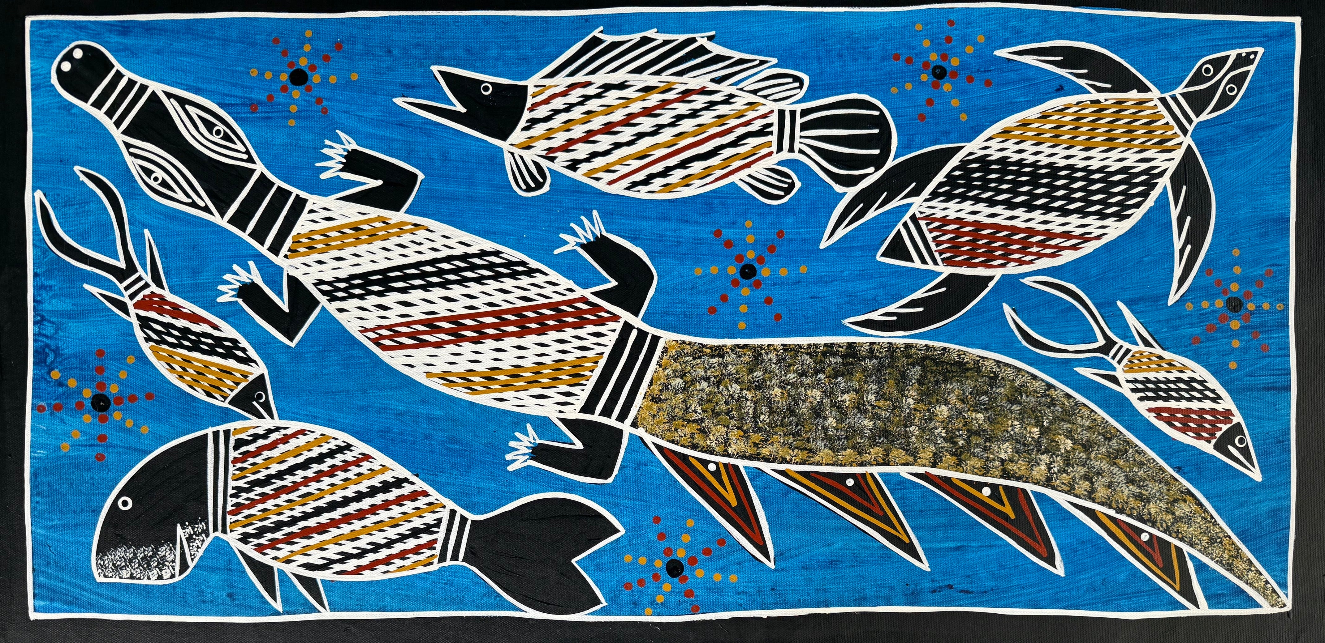 A blue painting of various saltwater animals by Aboriginal Artist Christine Burarrwanga