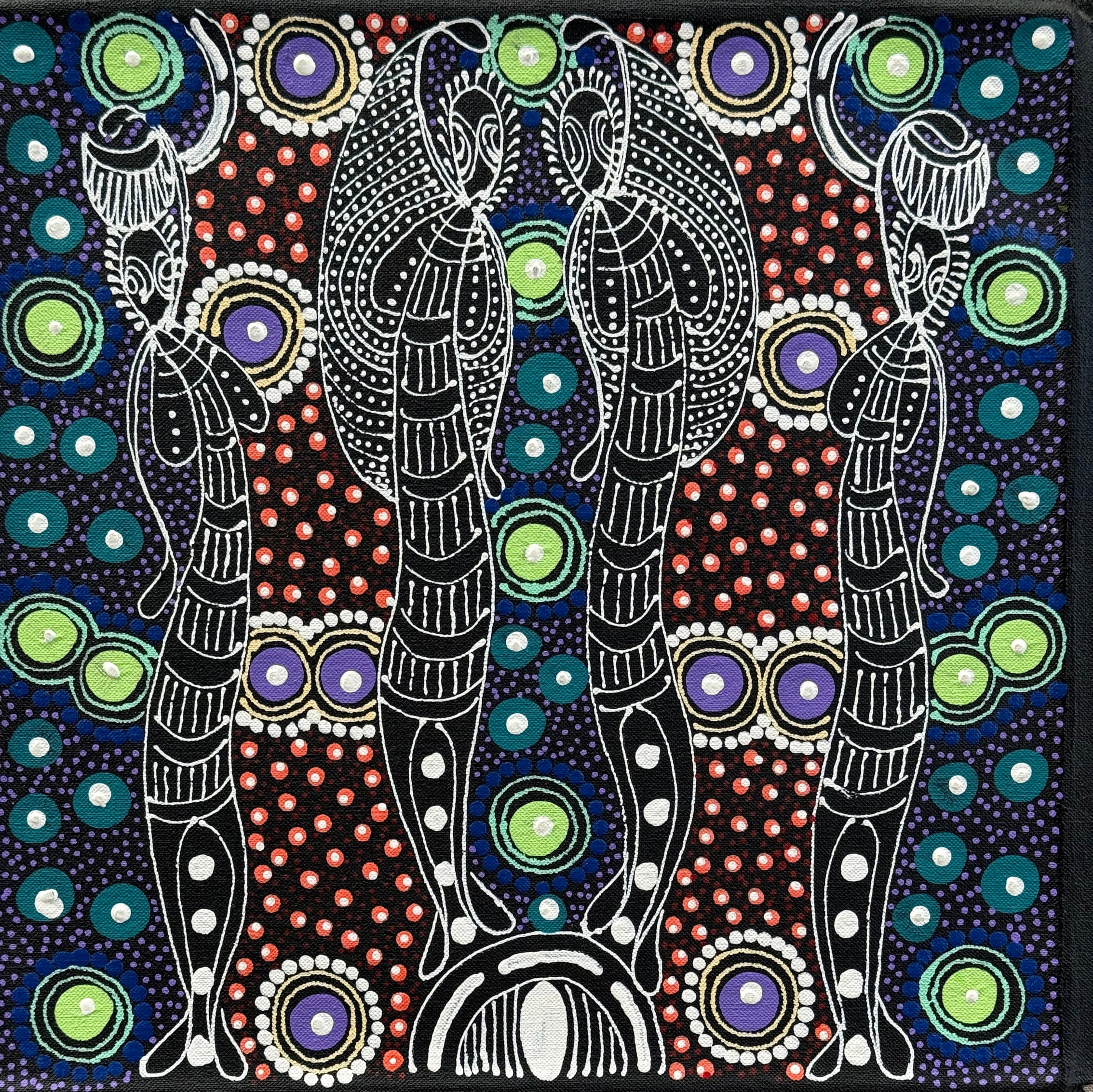 Intricate Aboriginal Artwork by Colleen Wallace showing Dreamtime Sisters | Raintree Art Aboriginal Art Ballarat