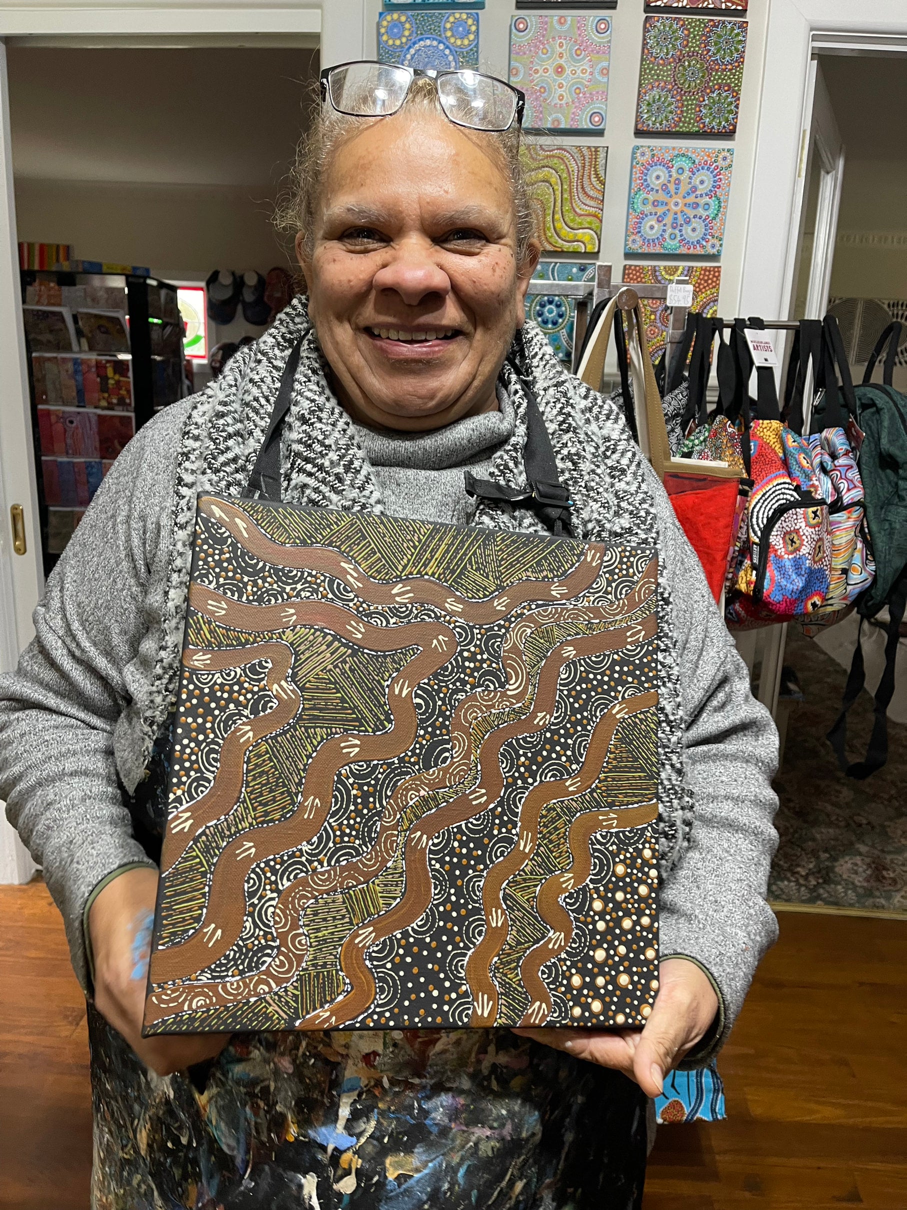 Deidre Burgoyne Rosier - Kangaroo Tracks - 30x30cm Stretched ready to hang .03-18