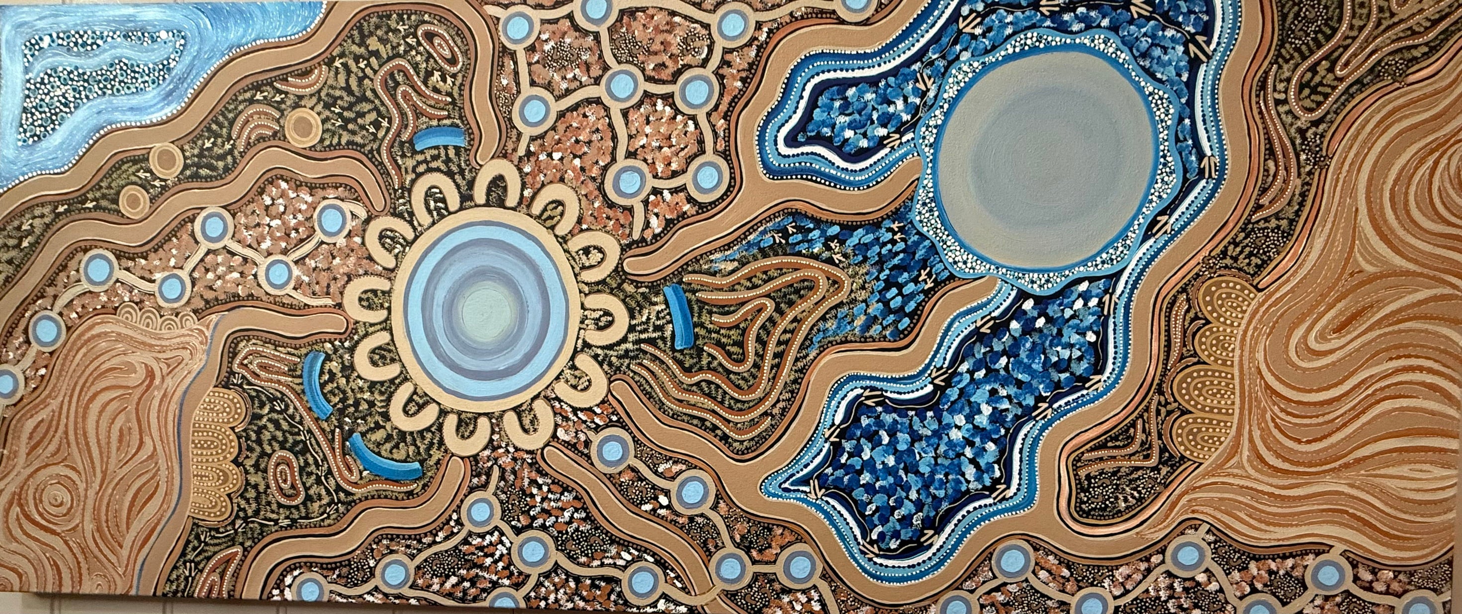 Intricate brown and blue painting by Deidre Burgoyne Rosier depicting Family Gathering | Raintree Art Aboriginal Art Ballarat