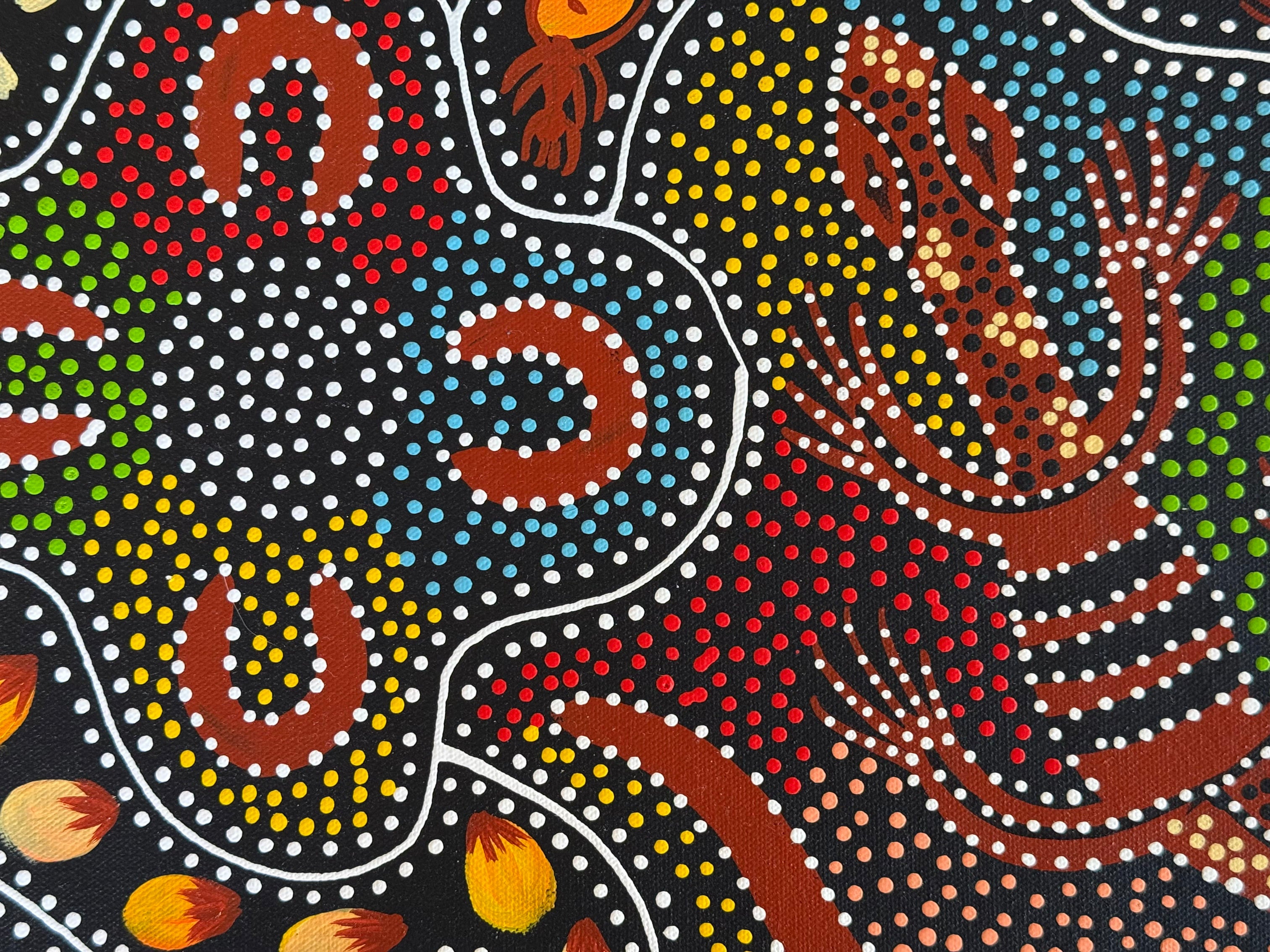 Jacinta Numina Waugh - Women Hunting for Medicine Leaves, Goanna, Honey-Ants, Bush Plums, Bush Tomatoes - 53x38cm .12-2