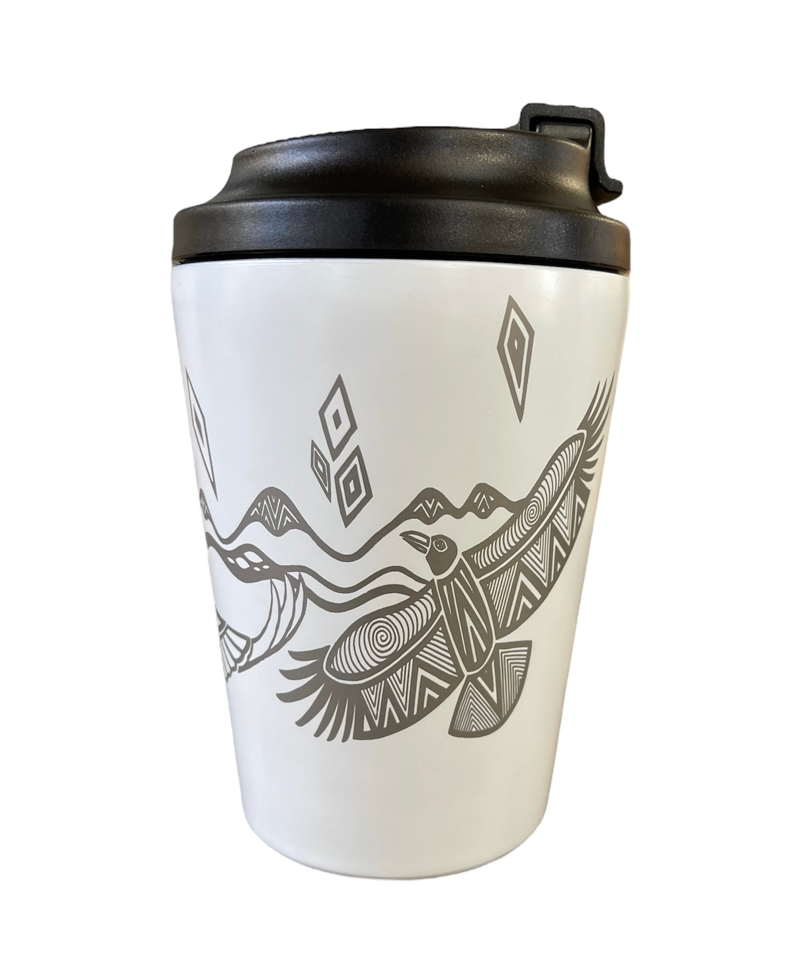 Insulated Travel Mug - Bunjil and Waa (White) - Mick Harding