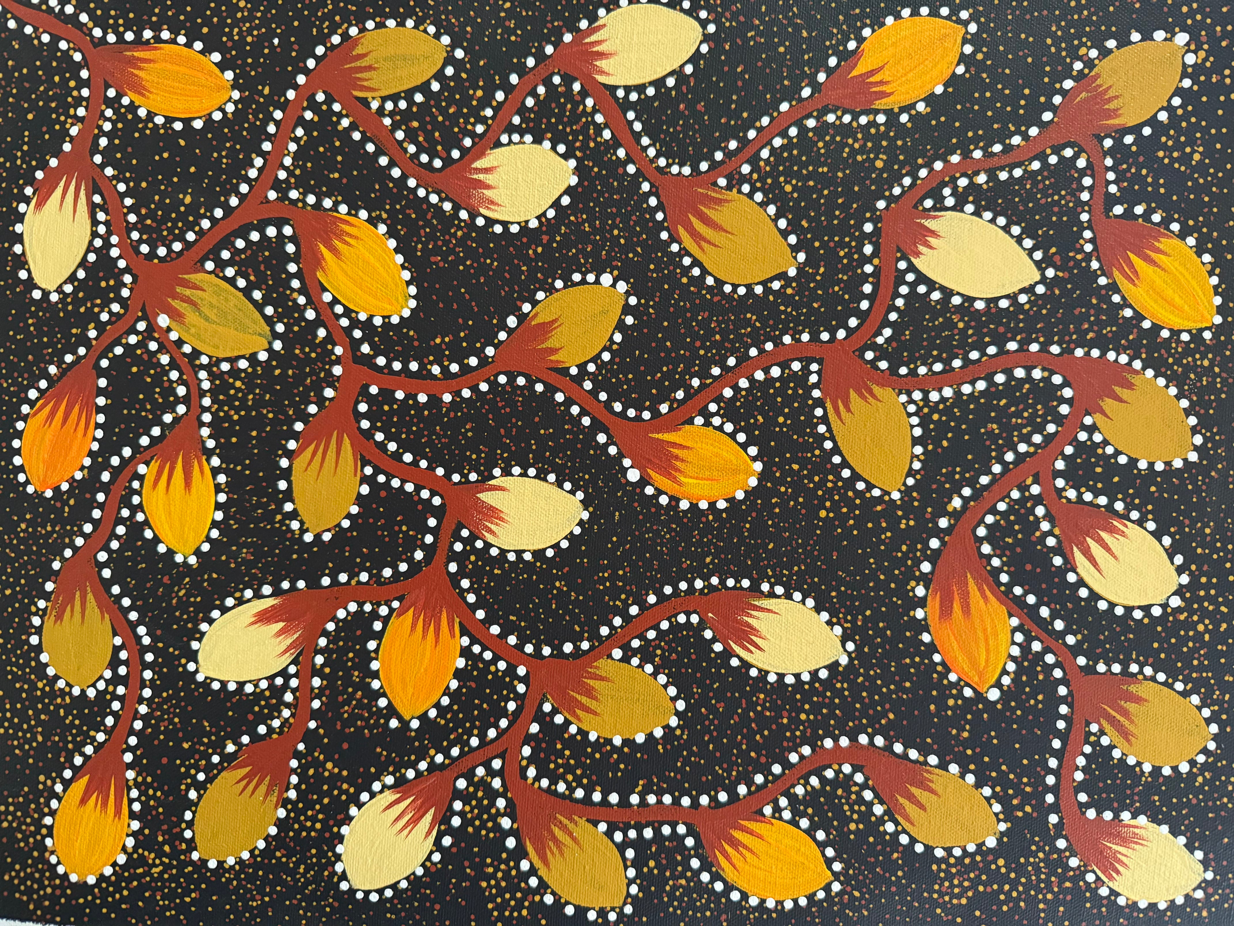 This is a small piece of Aboriginal Art by Jacinta Numina Waugh, depicting yellow and orange Bush Plums on a brown vine with white dots surrounding them.