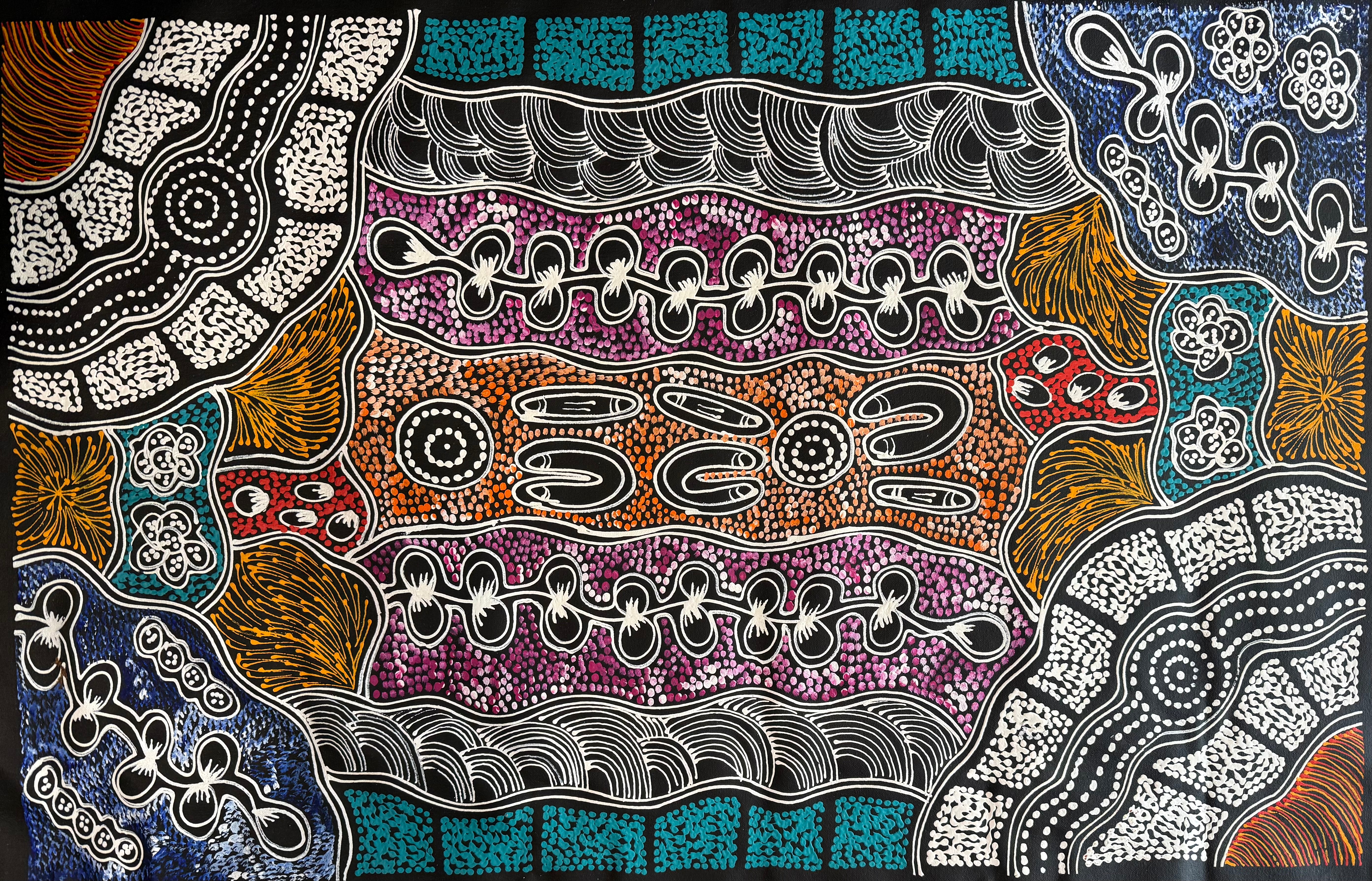 Aboriginal Art by Lanita Numina depicting My Country with detailed, multicoloured brush strokes, dots, and textures