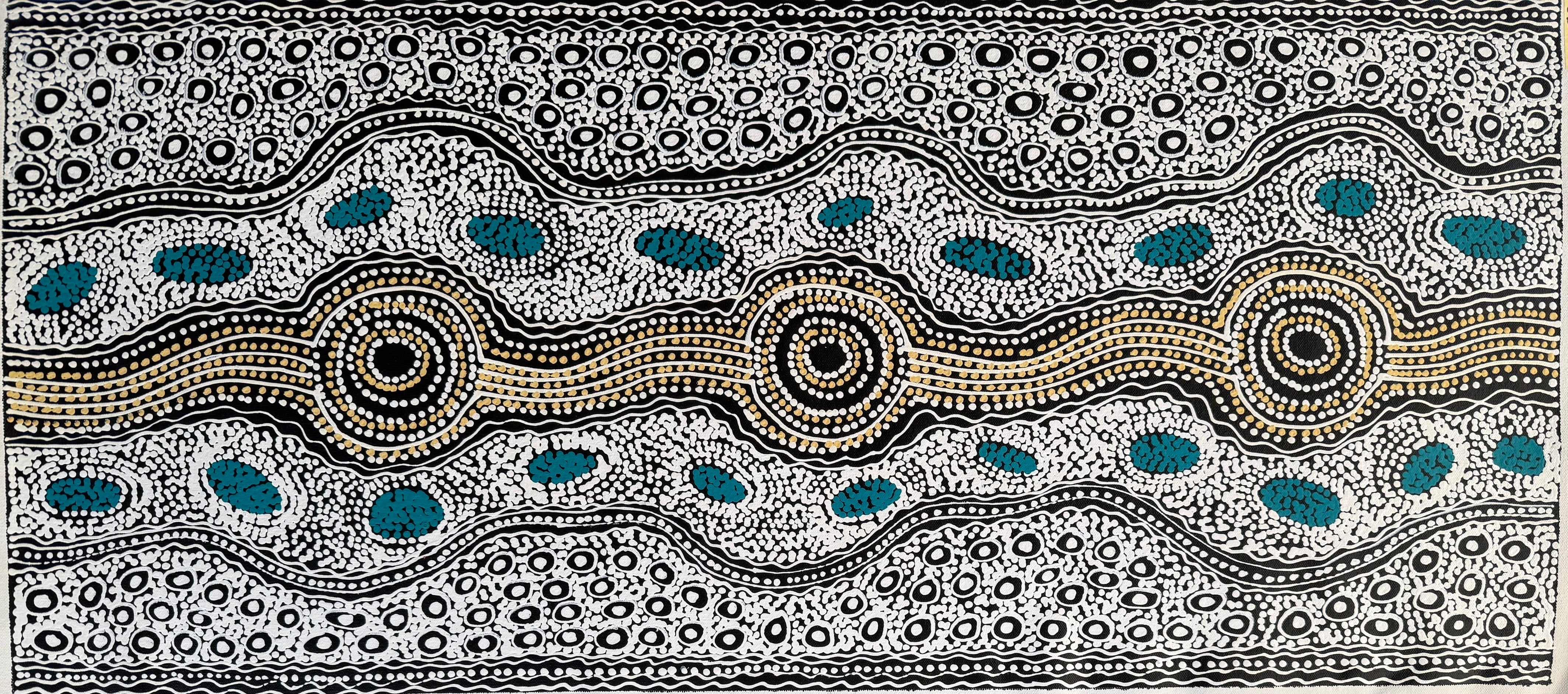 Aboriginal Art by Lanita Numina depicting My Country Water Soakage, with the dominant colour being black and white, accented by blue-green and brown dots