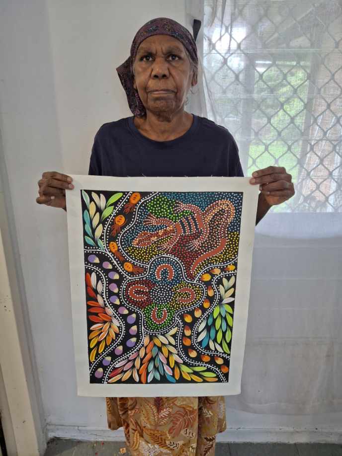 Jacinta Numina Waugh - Women Hunting for Medicine Leaves, Goanna, Honey-Ants, Bush Plums, Bush Tomatoes - 53x38cm .12-2