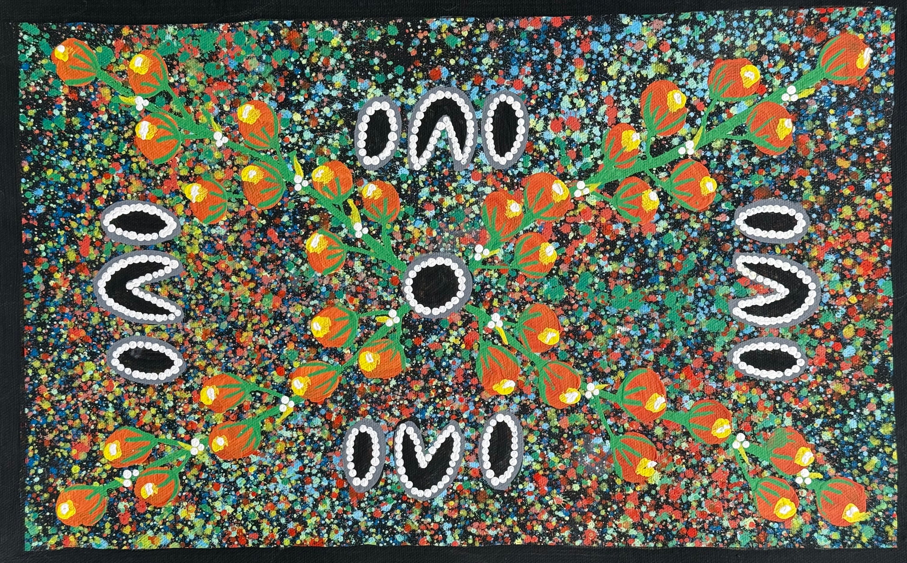 Aboriginal Art by Reggie Sultan depicting Collecting Bushplums. The bushplums span from the centre to the corners, and the background is speckled with multicolour paint