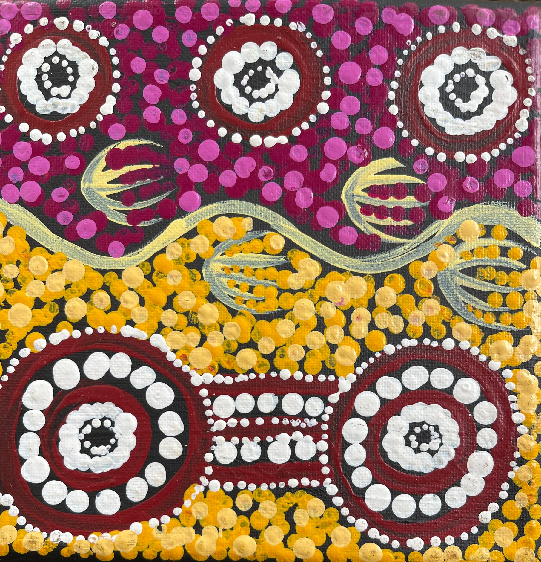 Ruth Nungarrayi Spencer - 13 x 13cm - Wardapi Jukurrpa (Goanna Dreaming) - Yarripilangu