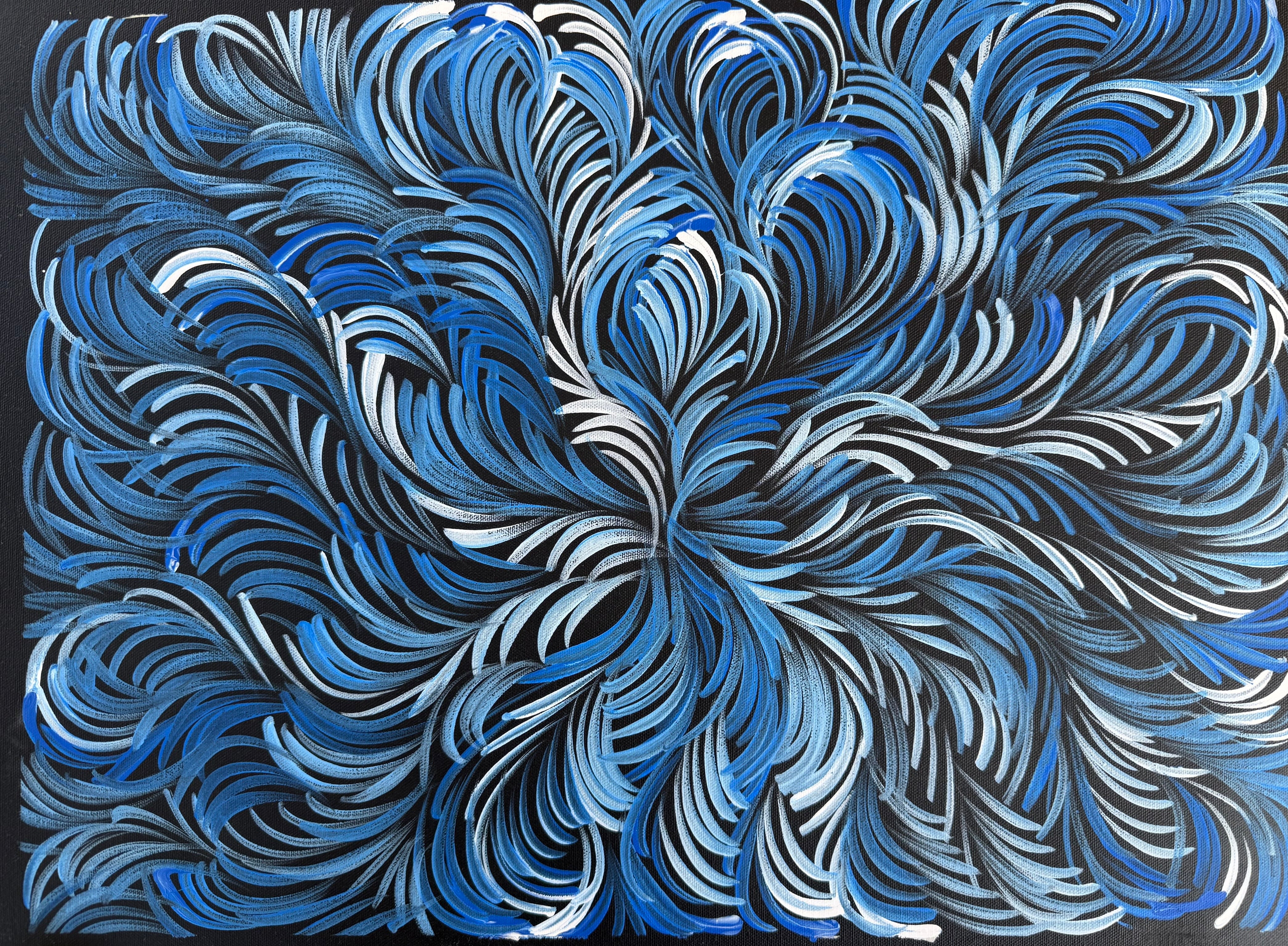 Blue Bush Medicine Leaves by Selina Numina Kamprina, flowing blue and white Aboriginal Art