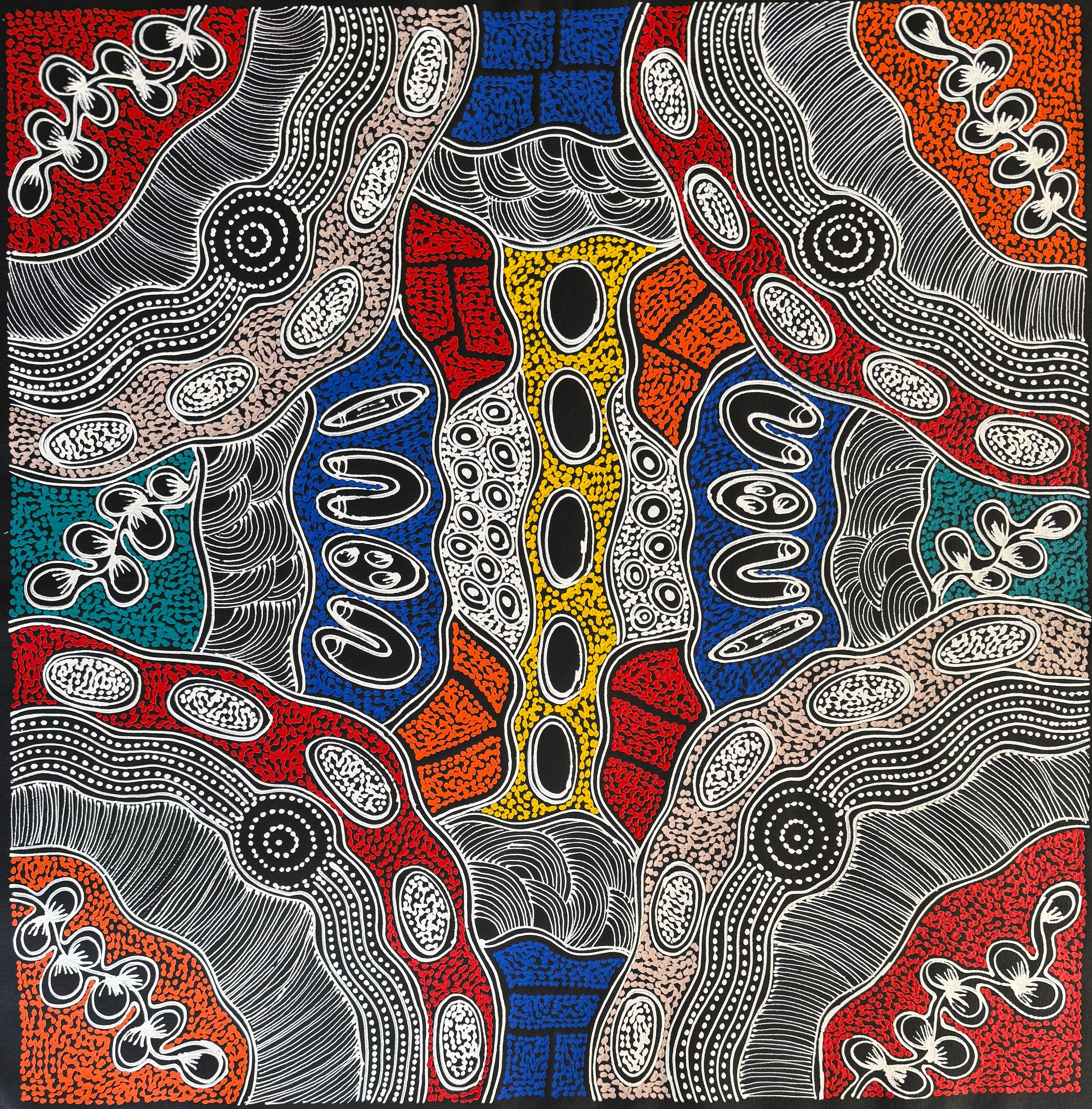 Aboriginal Art by Sharon Numina, depicting My Country Dreaming in shades of blue, red, yellow, and white