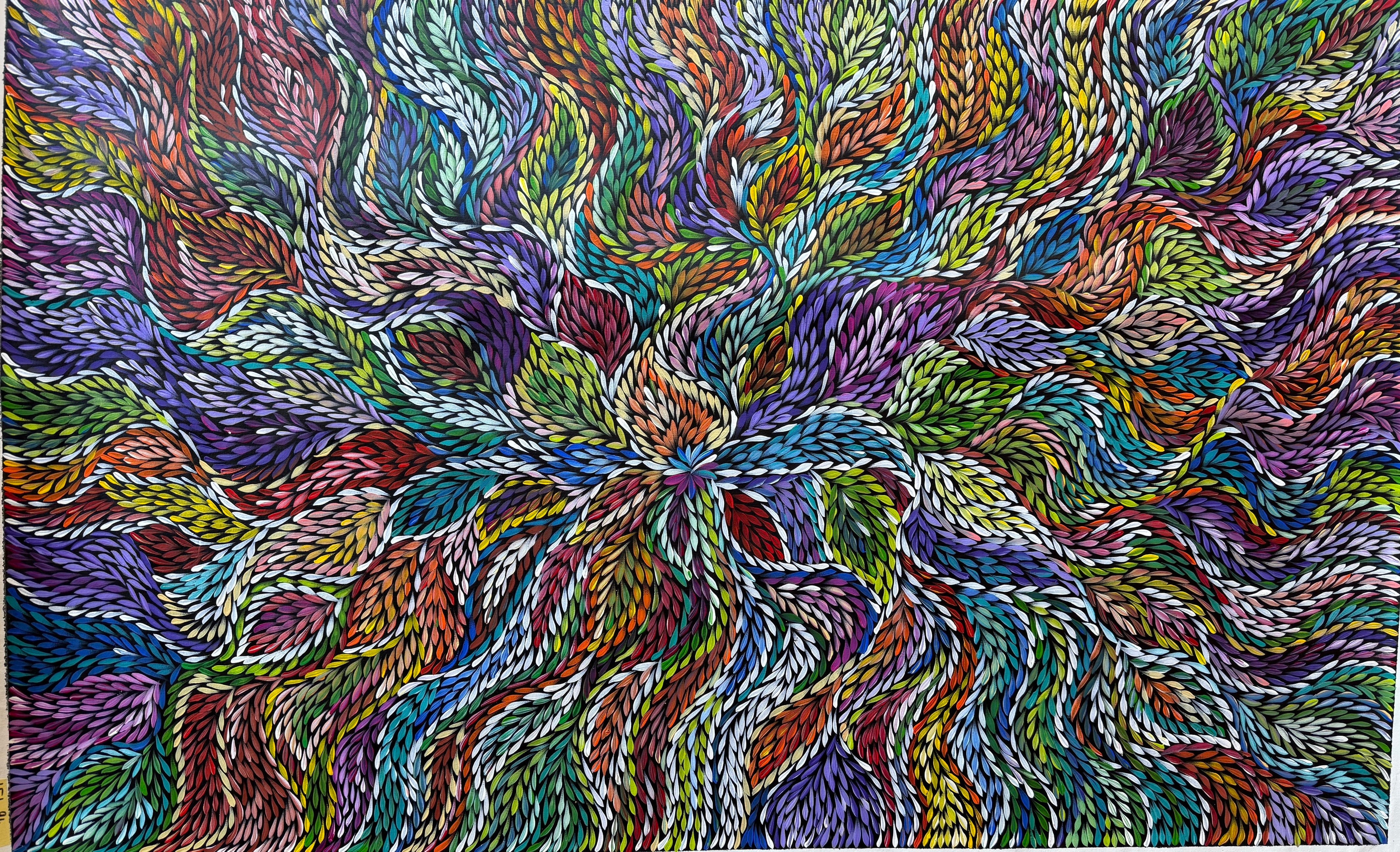 Aboriginal Art by Sharon Turner depicting vibrant multicolour Bush Medicine Leaves on an extra large canvas