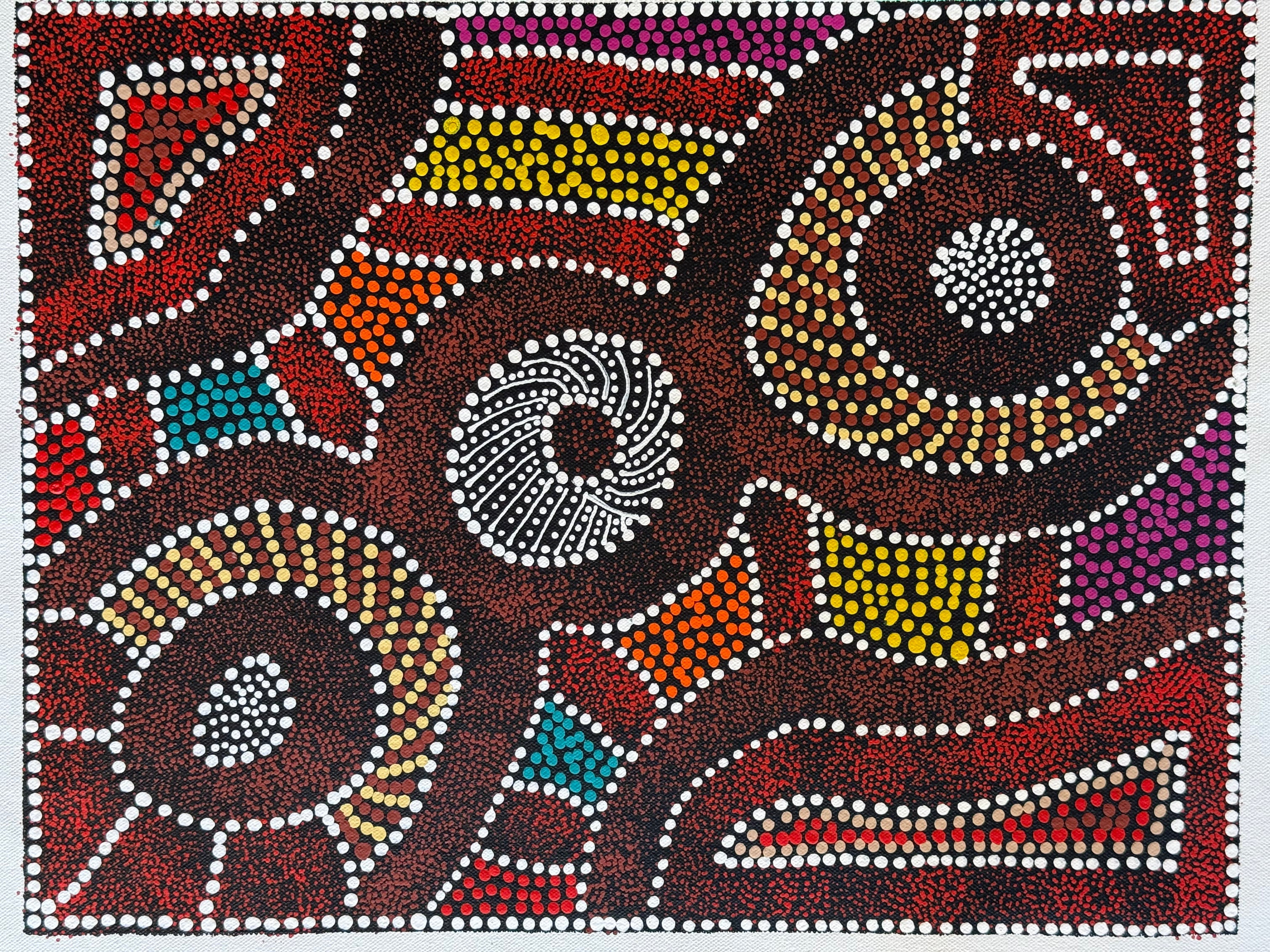 Small painting showing Thorny Lizard story by Sharon Turner with colourful dots and dominant brown colour | Raintree Art Aboriginal Art Ballarat