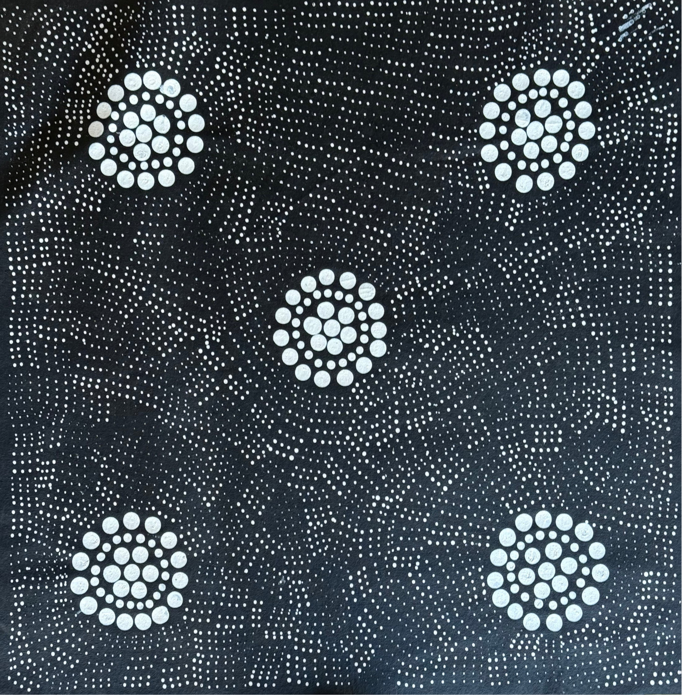 Black and white Aboriginal Art depicting Water Hole with dots, by Susie Pollard | Raintree Art Aboriginal Art Ballarat