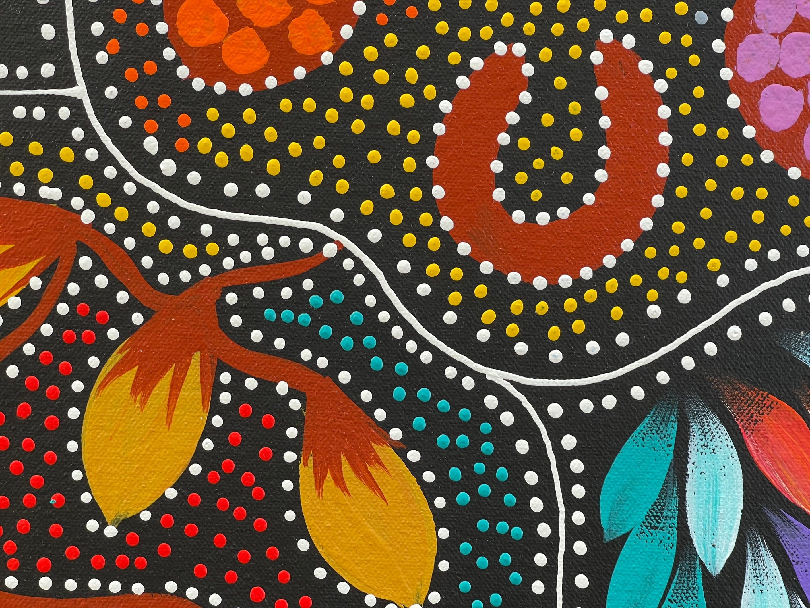 Jacinta Numina Waugh - Women Hunting for Bush Tuckers and Bush Medicine Leaves, Goanna s - 52x97cm . 23-3