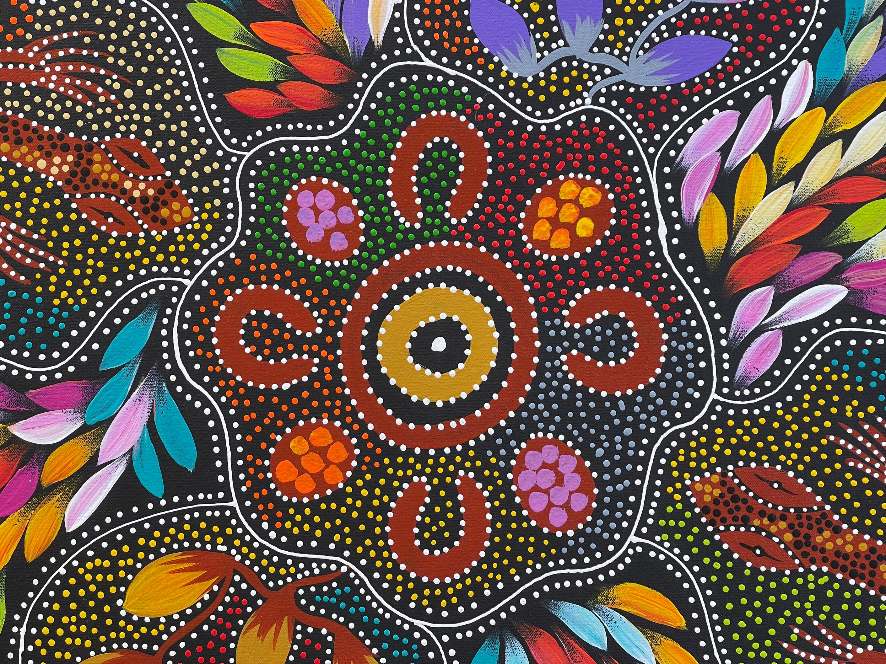 Jacinta Numina Waugh - Women Hunting for Bush Tuckers and Bush Medicine Leaves, Goanna s - 52x97cm . 23-3