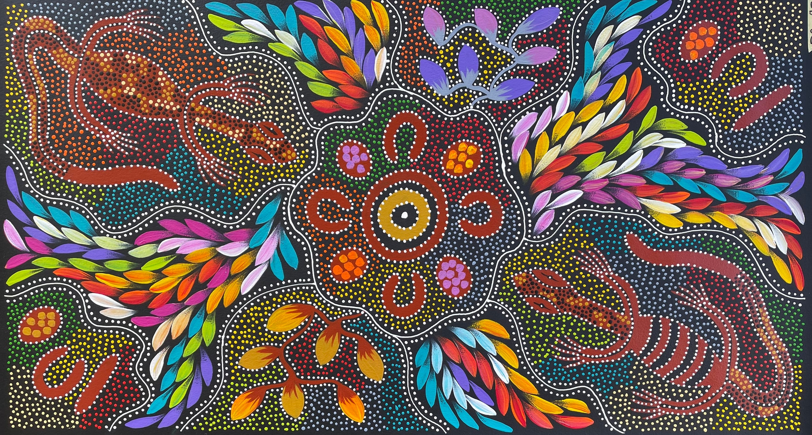 Jacinta Numina Waugh - Women Hunting for Bush Tuckers and Bush Medicine Leaves, Goanna s - 52x97cm . 23-3