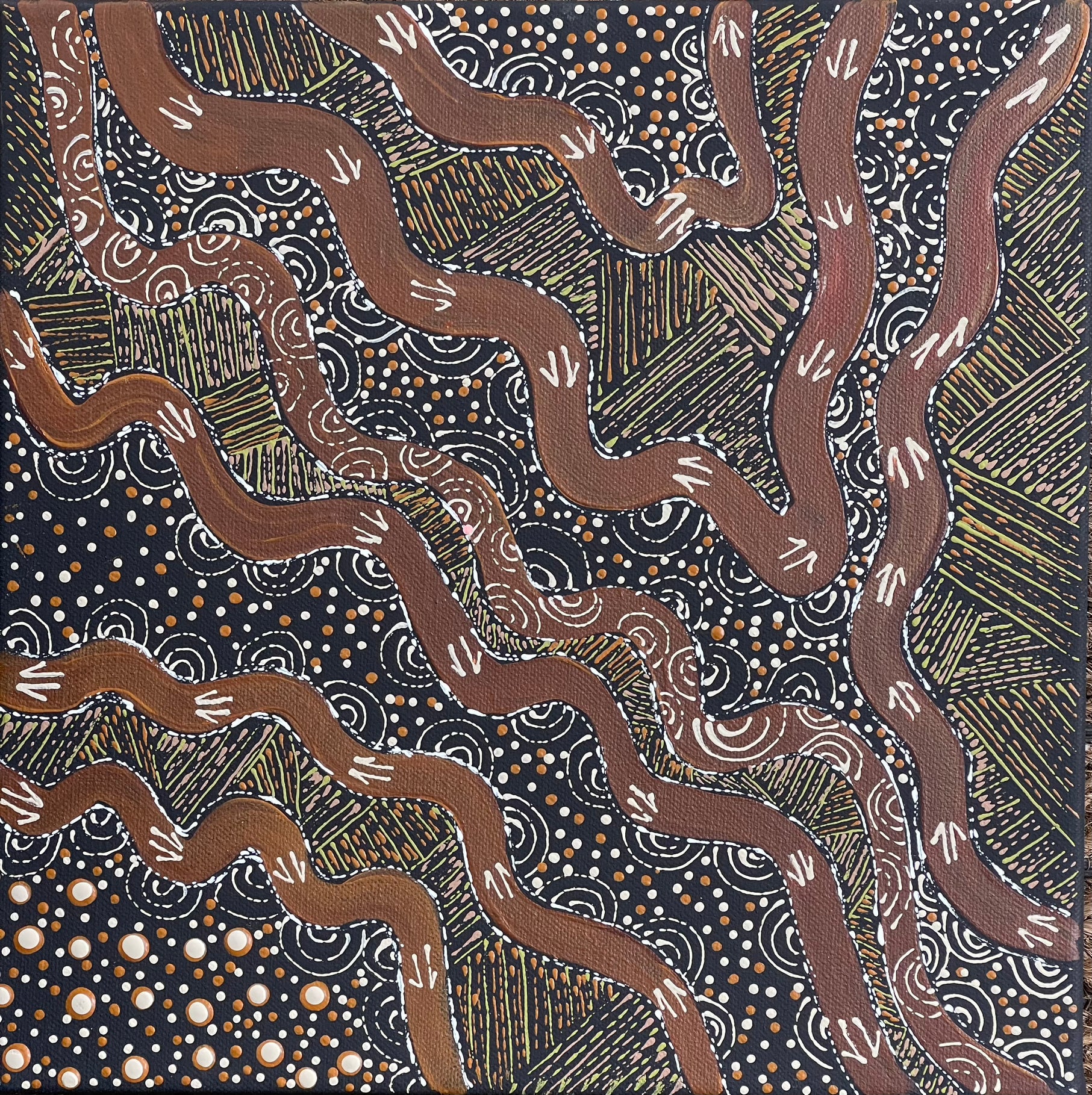 Deidre Burgoyne Rosier - Kangaroo Tracks - 30x30cm Stretched ready to hang .03-18