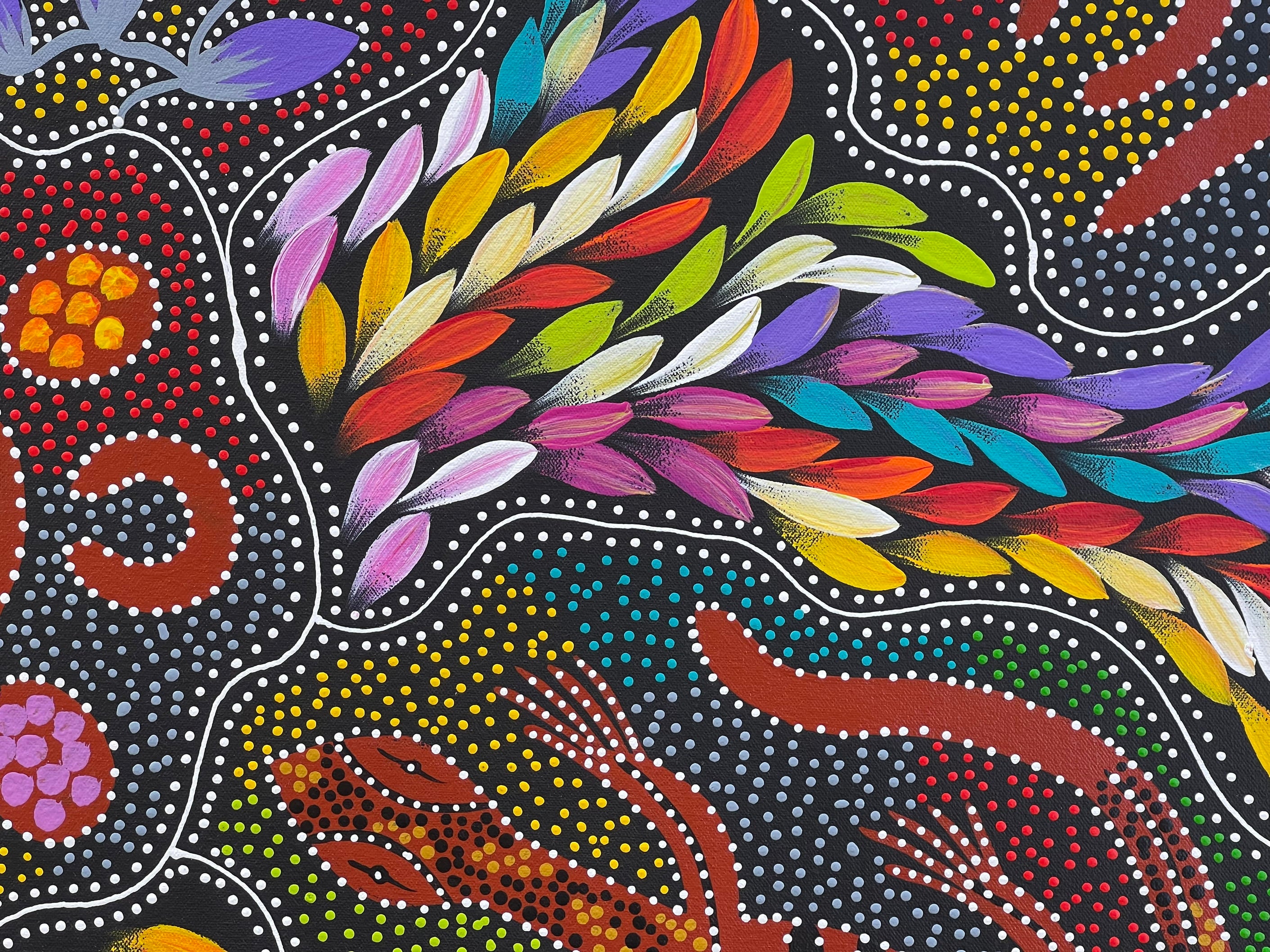 Jacinta Numina Waugh - Women Hunting for Bush Tuckers and Bush Medicine Leaves, Goanna s - 52x97cm . 23-3