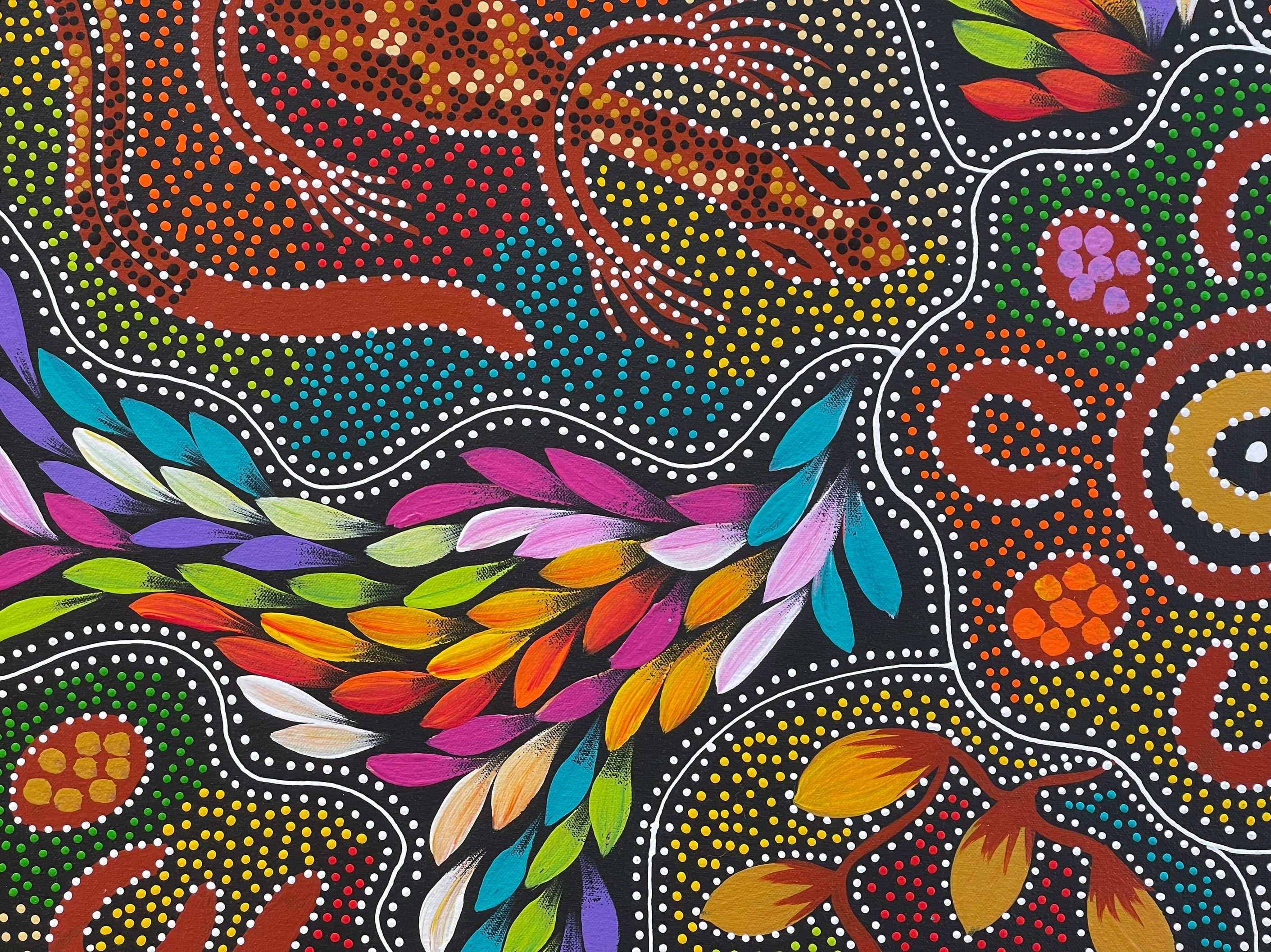 Jacinta Numina Waugh - Women Hunting for Bush Tuckers and Bush Medicine Leaves, Goanna s - 52x97cm . 23-3