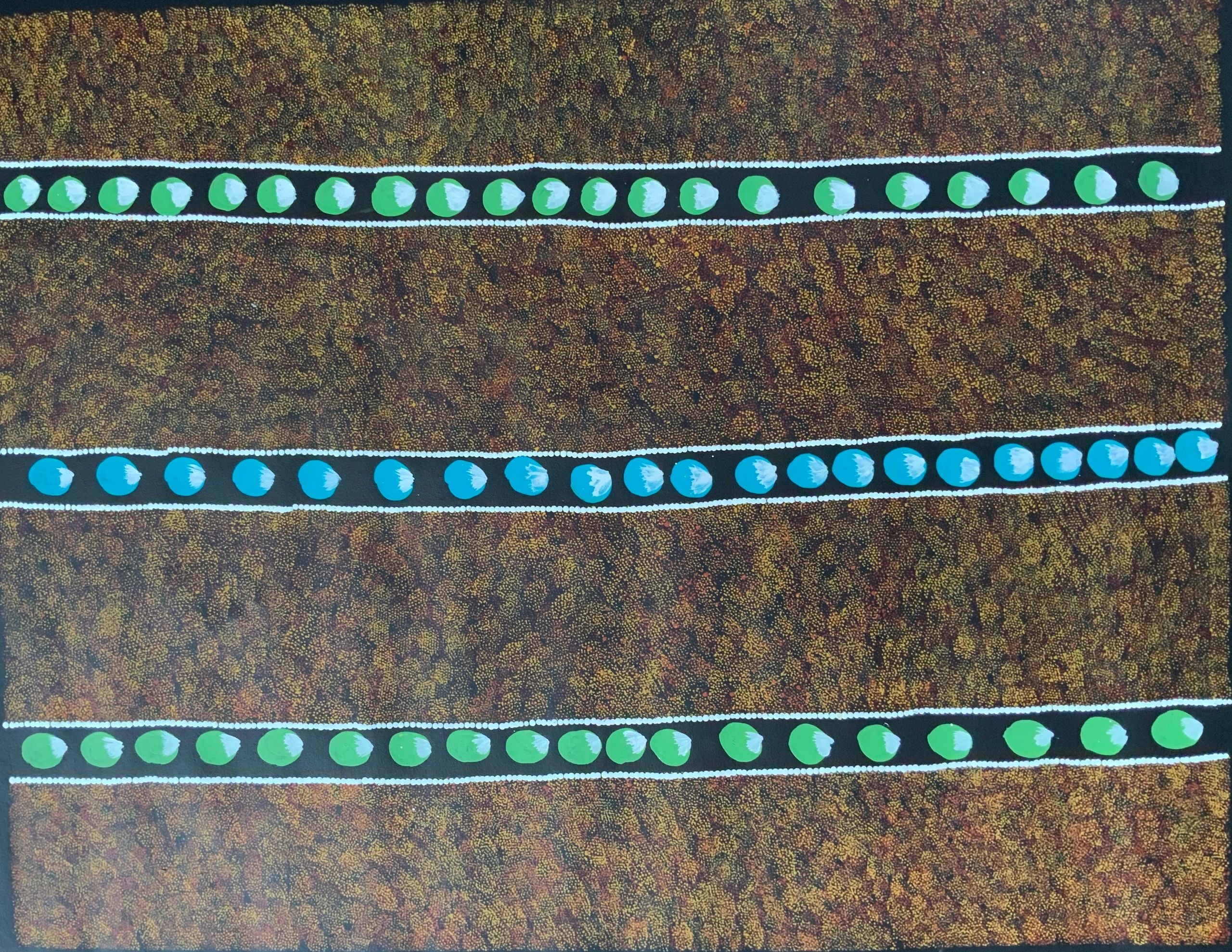 Aboriginal Art by Barbara Pananka showing a textured brown background, with the rows of Bush Tucker in green and blue, lined by white dots