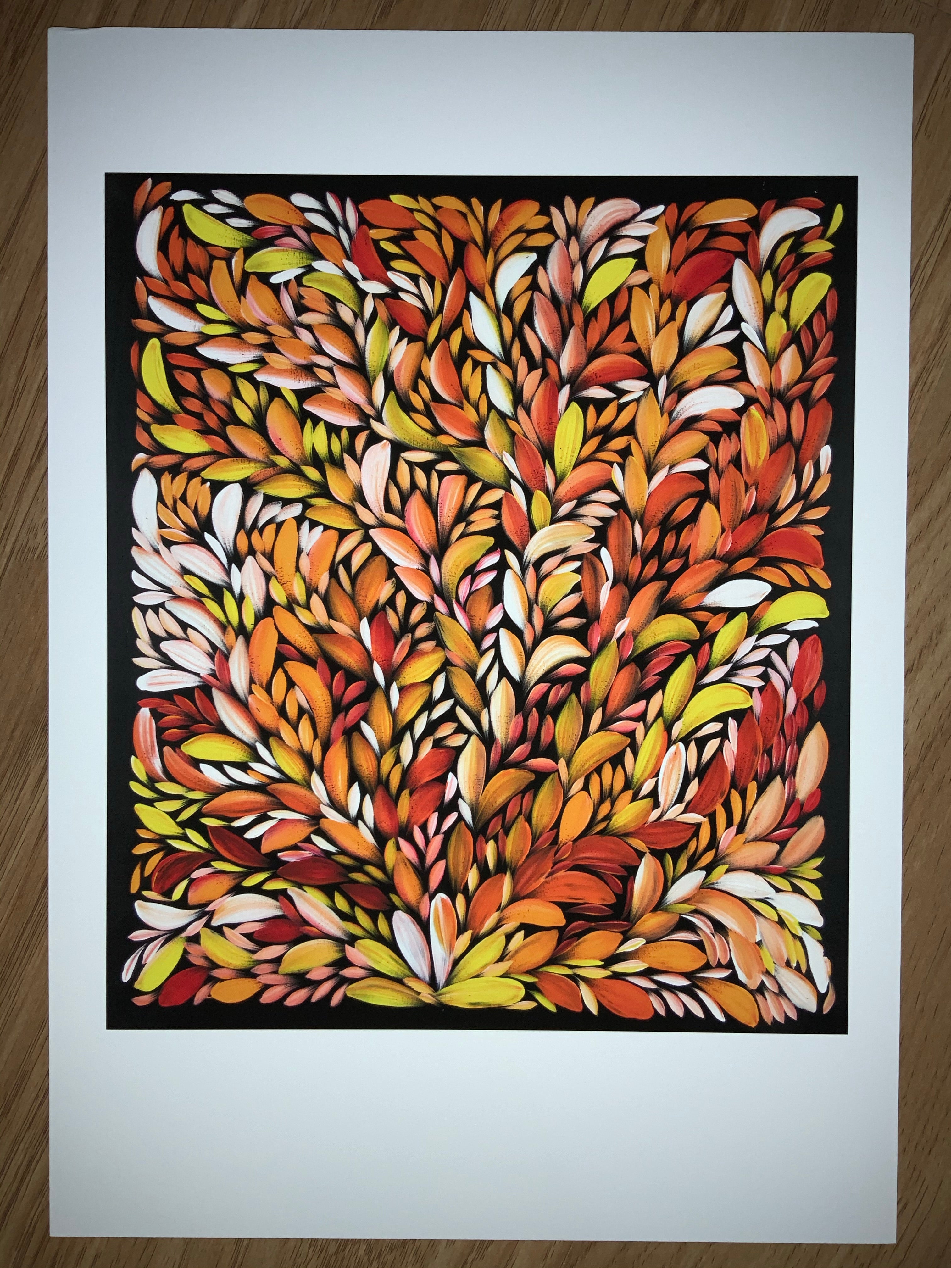 Aboriginal Artist Louise Numina print, Bush Medicine Leaves orange