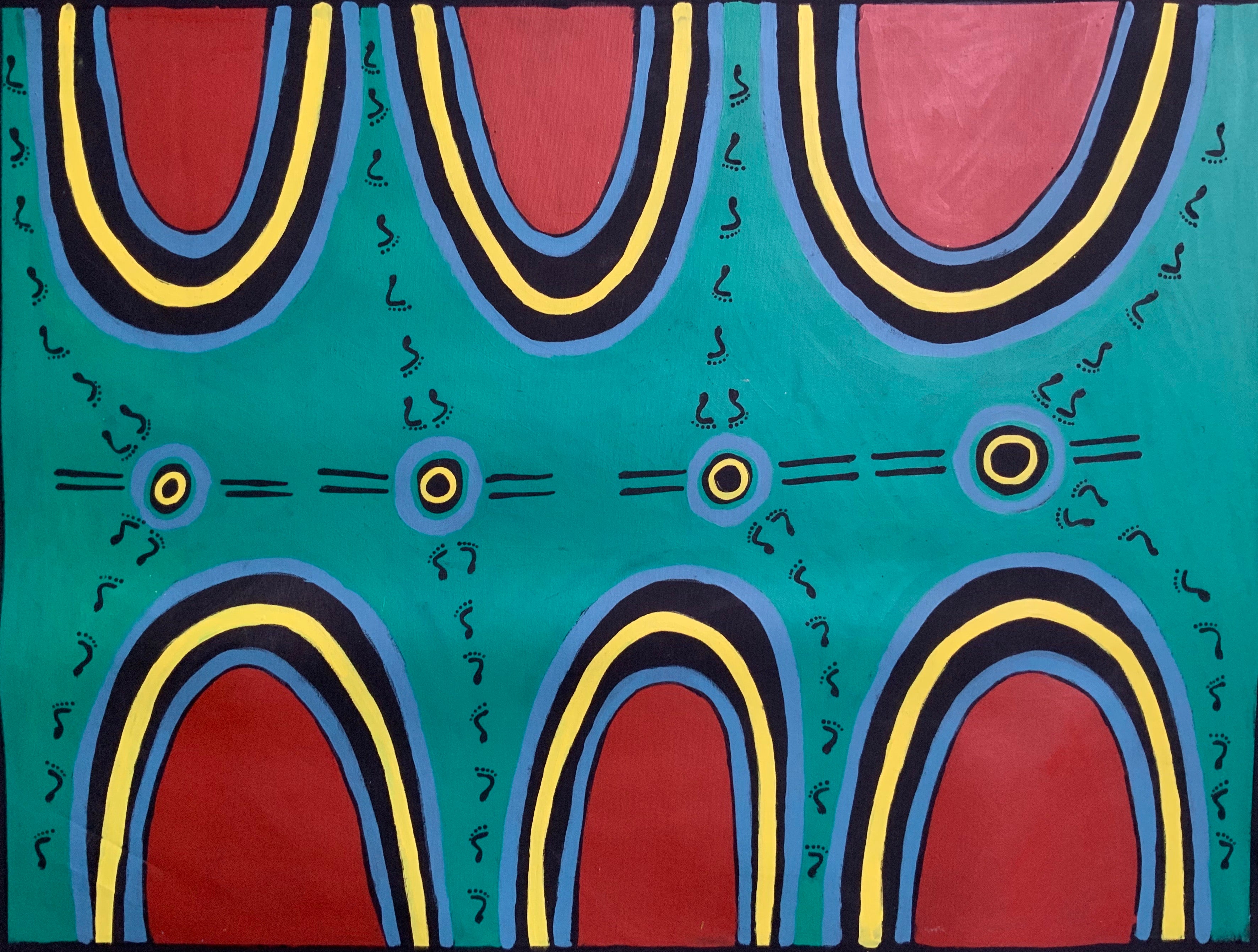 Reggie Sultan - 77x104cm - Aboriginal people looking for water between the 6 hills .16-4