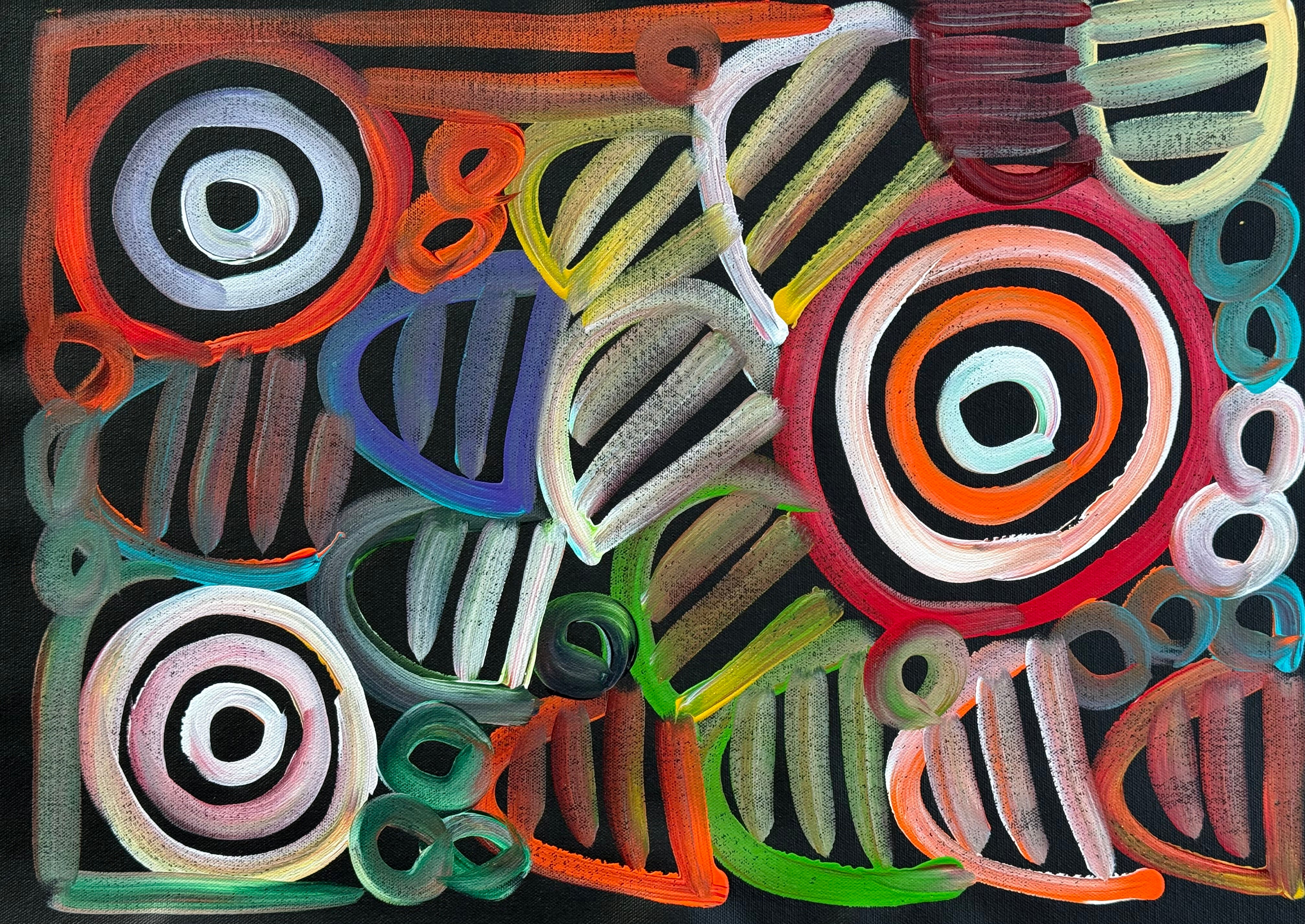 Aboriginal paintings in many sizes featuring women's ceremony