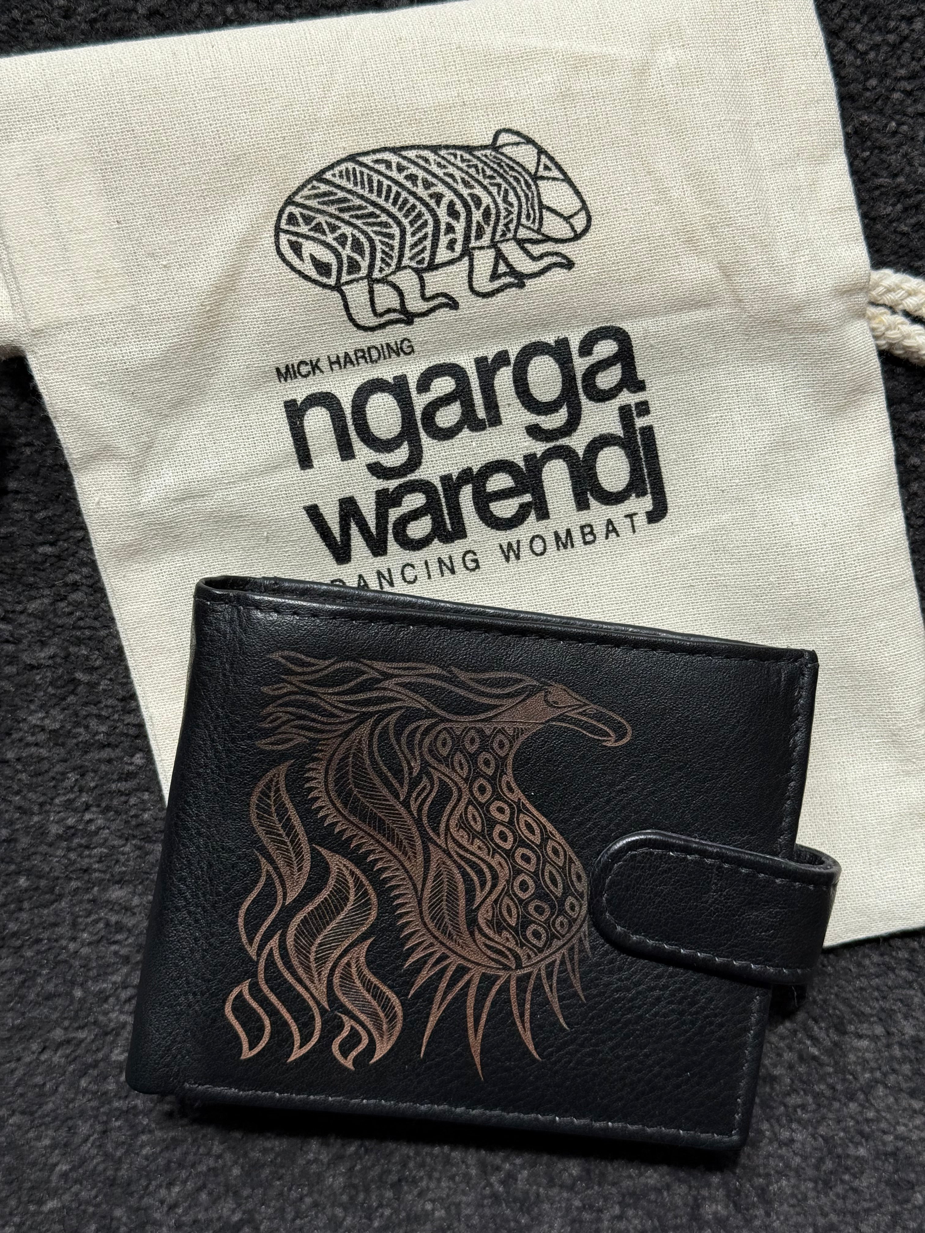 Men's Black Leather Wallet - Bunjil the Wedge Tailed Eagle - Mick Harding