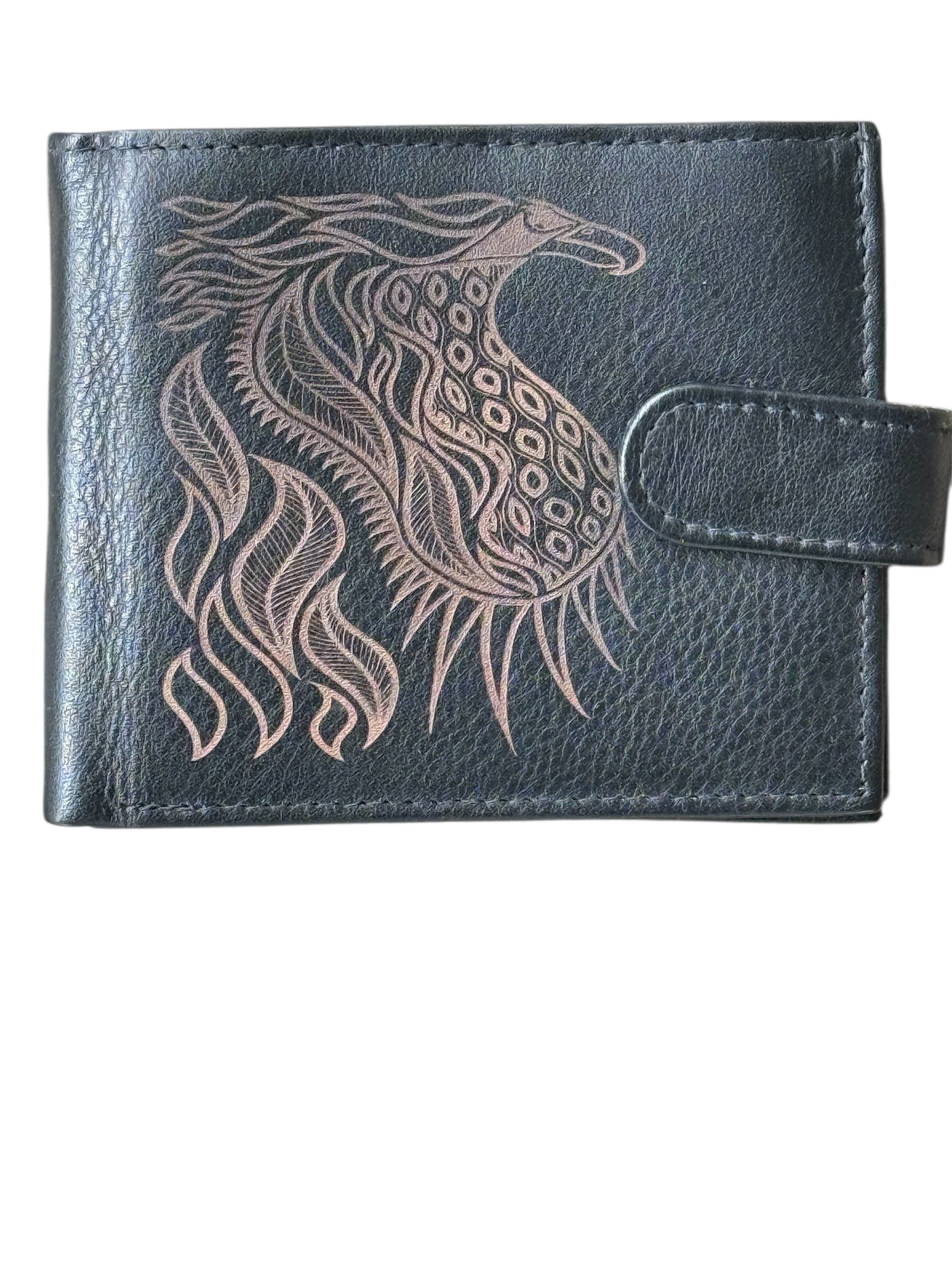 Men's Black Leather Wallet - Bunjil the Wedge Tailed Eagle - Mick Harding