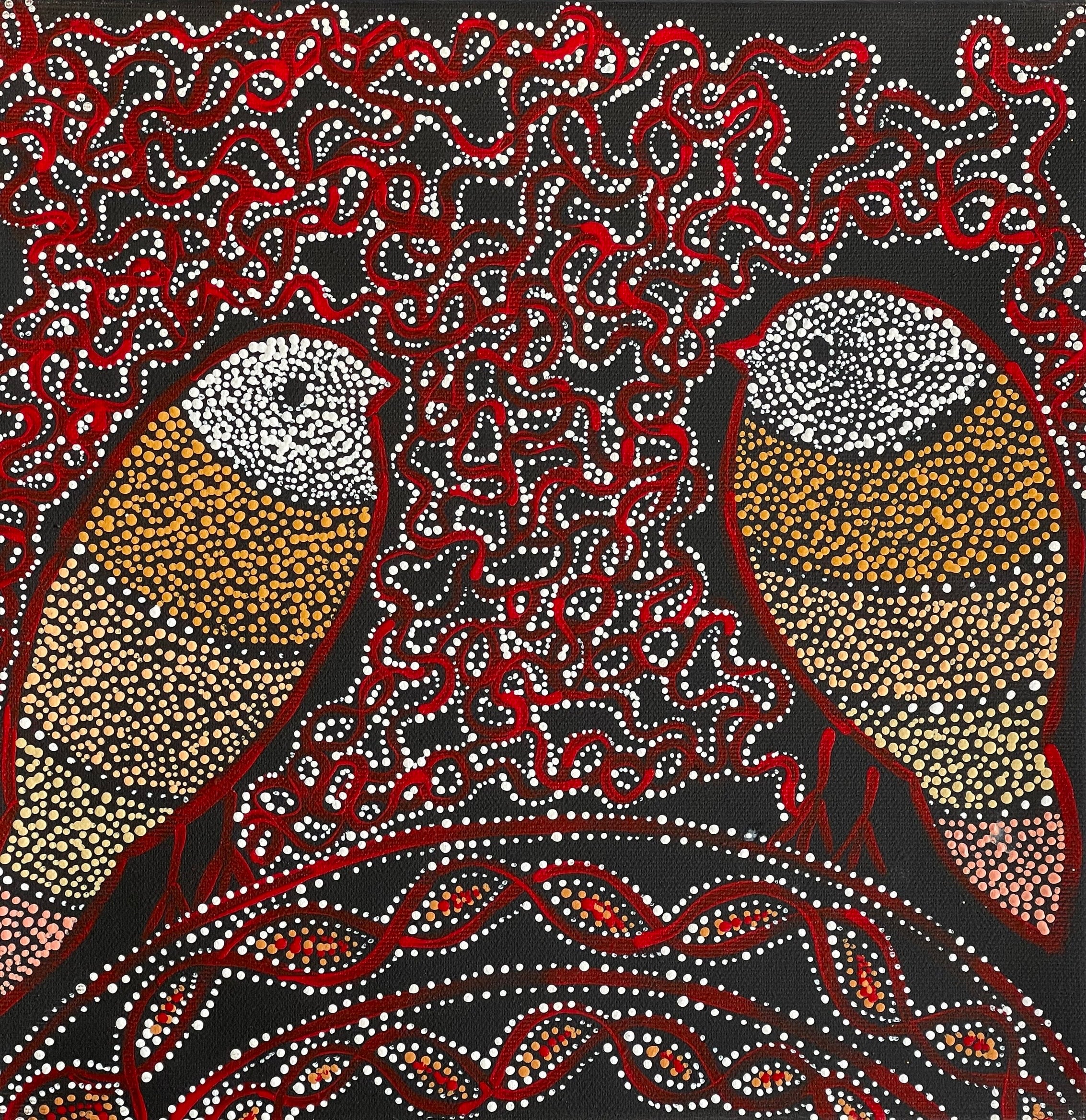 Geraldine Napangardi Granites - Jurlu kuja kalu nyinami Yurntumu-wana (Birds that live around Yuendumu) - 30x30cm Stretched