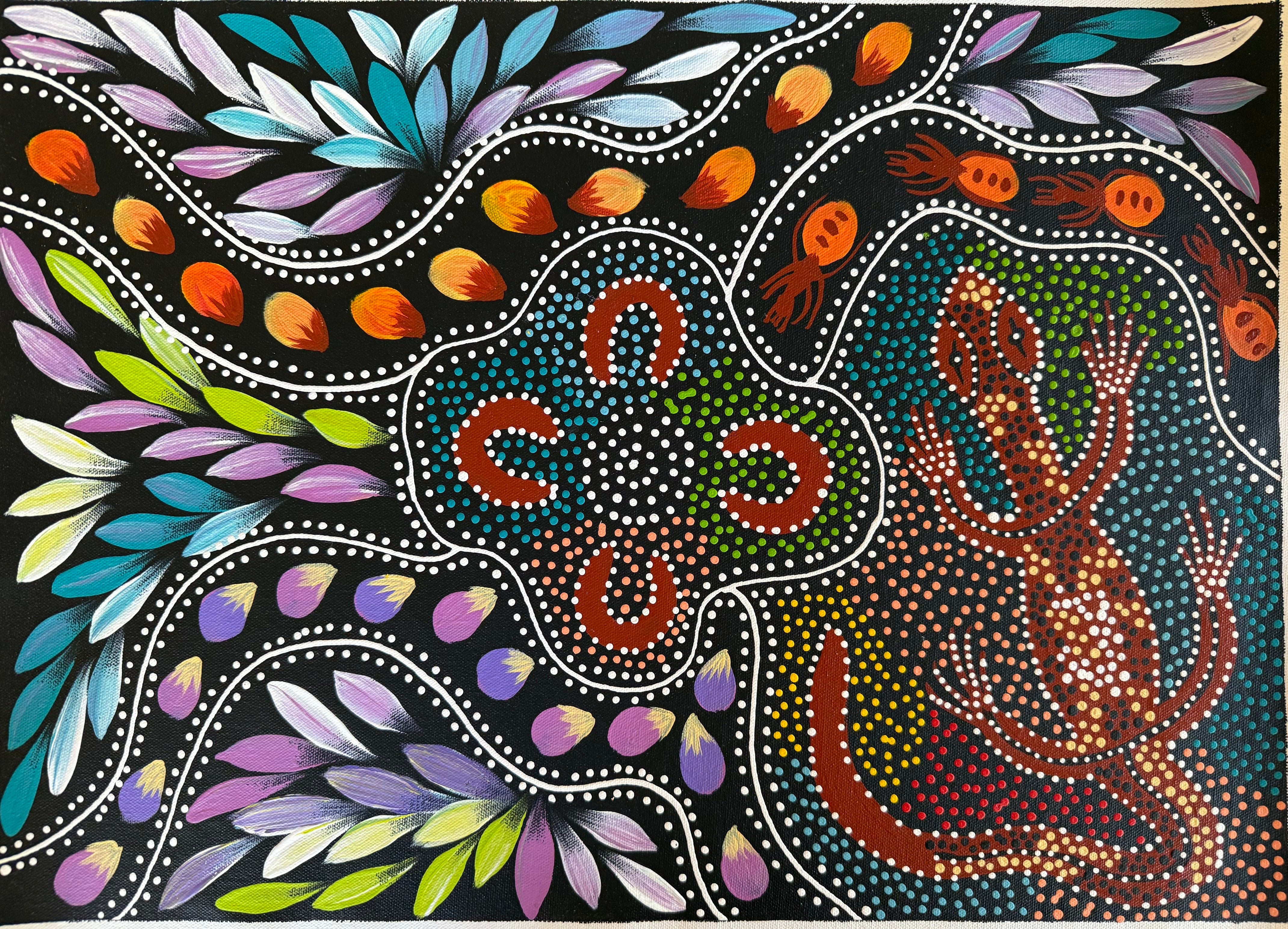 Jacinta Numina Waugh - Women Hunting for Bush Medicine Leaves, Goanna, Bush Plums, Bush Tomatoes, Honey-Ants - 53x38cm .12-5