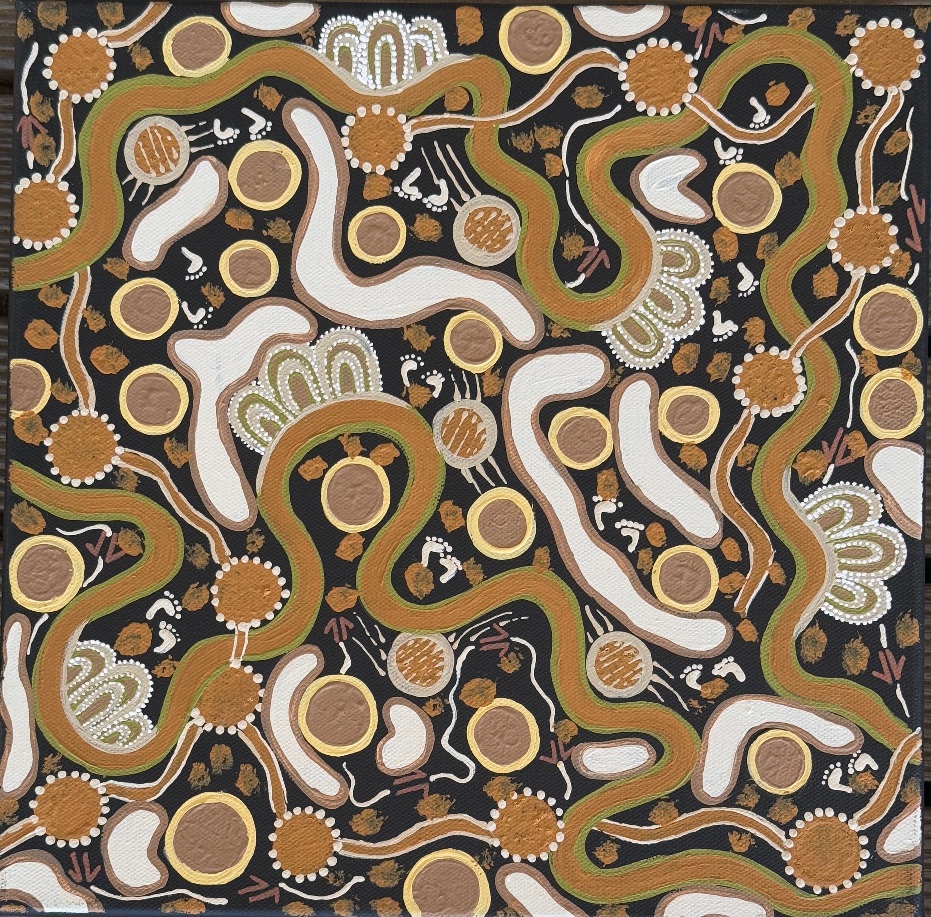 Deidre Burgoyne Rosier - Travelling Tracks and Walkabouts, Kangaroo Footprints - 30x30cm .11-11 *pre-stretched*