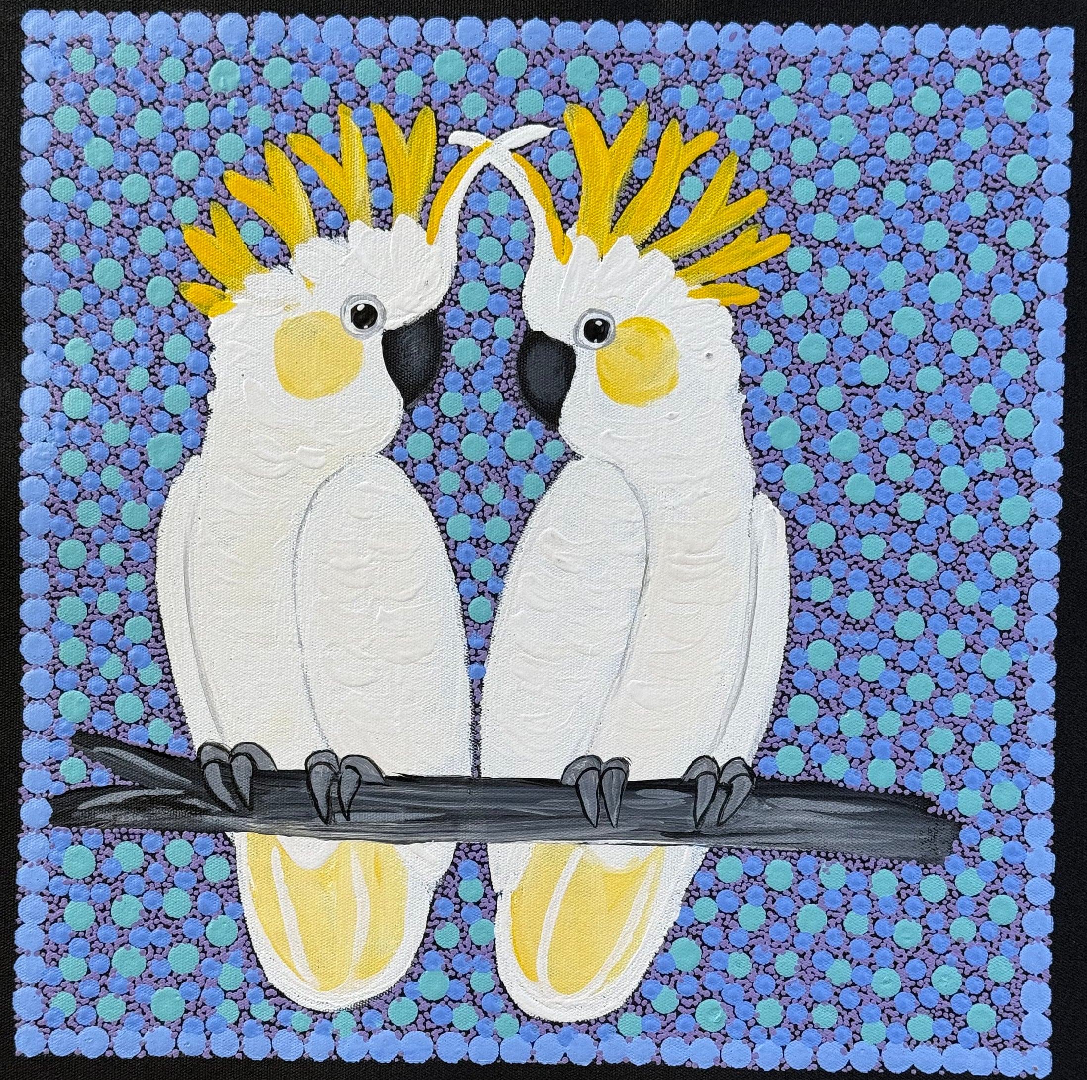 Kathleen Buzzacott - Sulphur Crested Cockatoos - 30x30cm .17-9