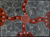Aboriginal Art by Caroline Numina Depicting Bush Tucker, with honey ants funneling along brown paths into the centre, surrounded by white on black flowery objects