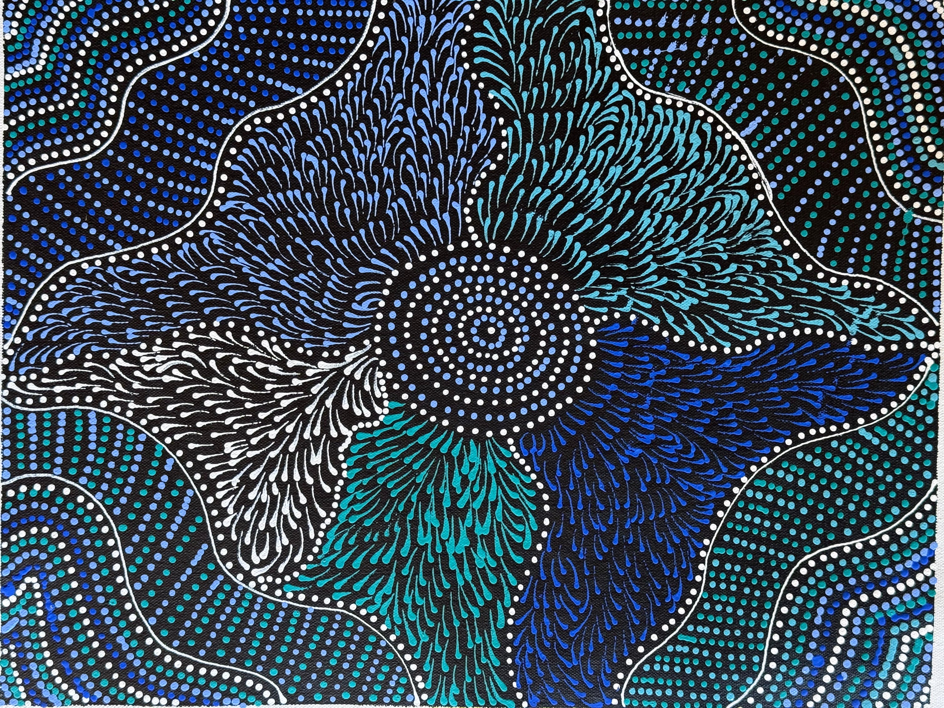 Wmoen's Ceremony design painted in blue and white on a small canvas by Caroline Numina | Raintree Art Aboriginal Art Ballarat