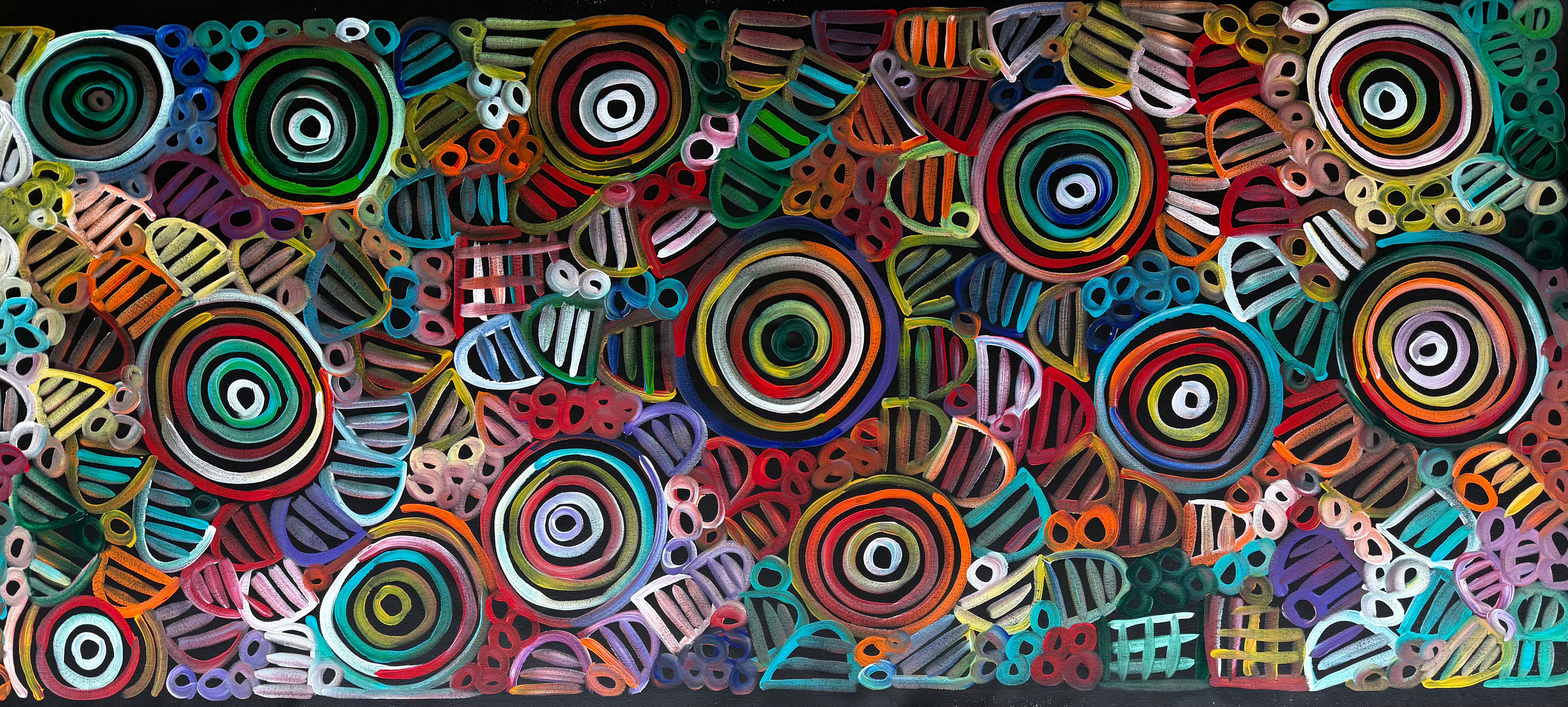 Aboriginal paintings in many sizes featuring women's ceremony