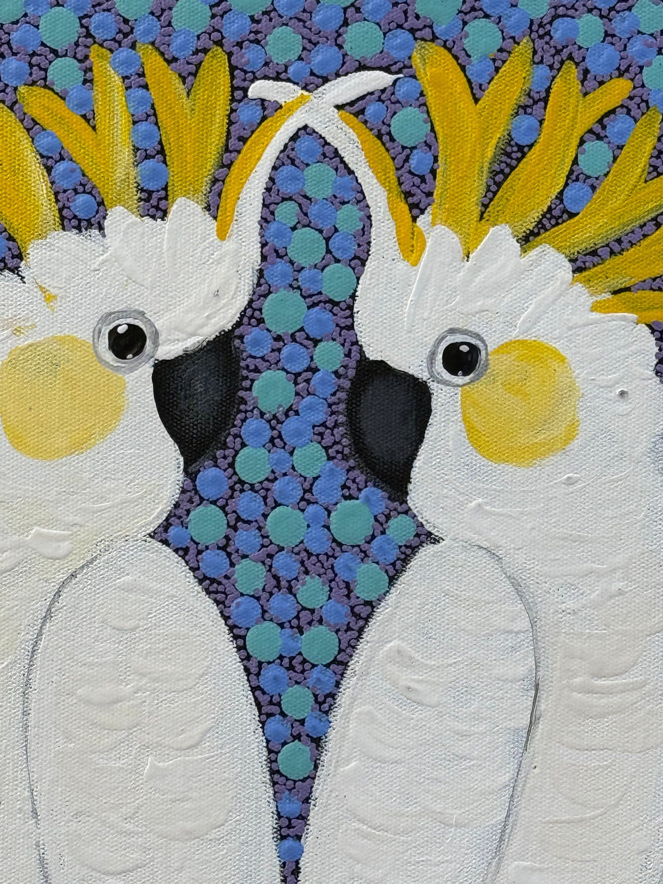 Kathleen Buzzacott - Sulphur Crested Cockatoos - 30x30cm .17-9