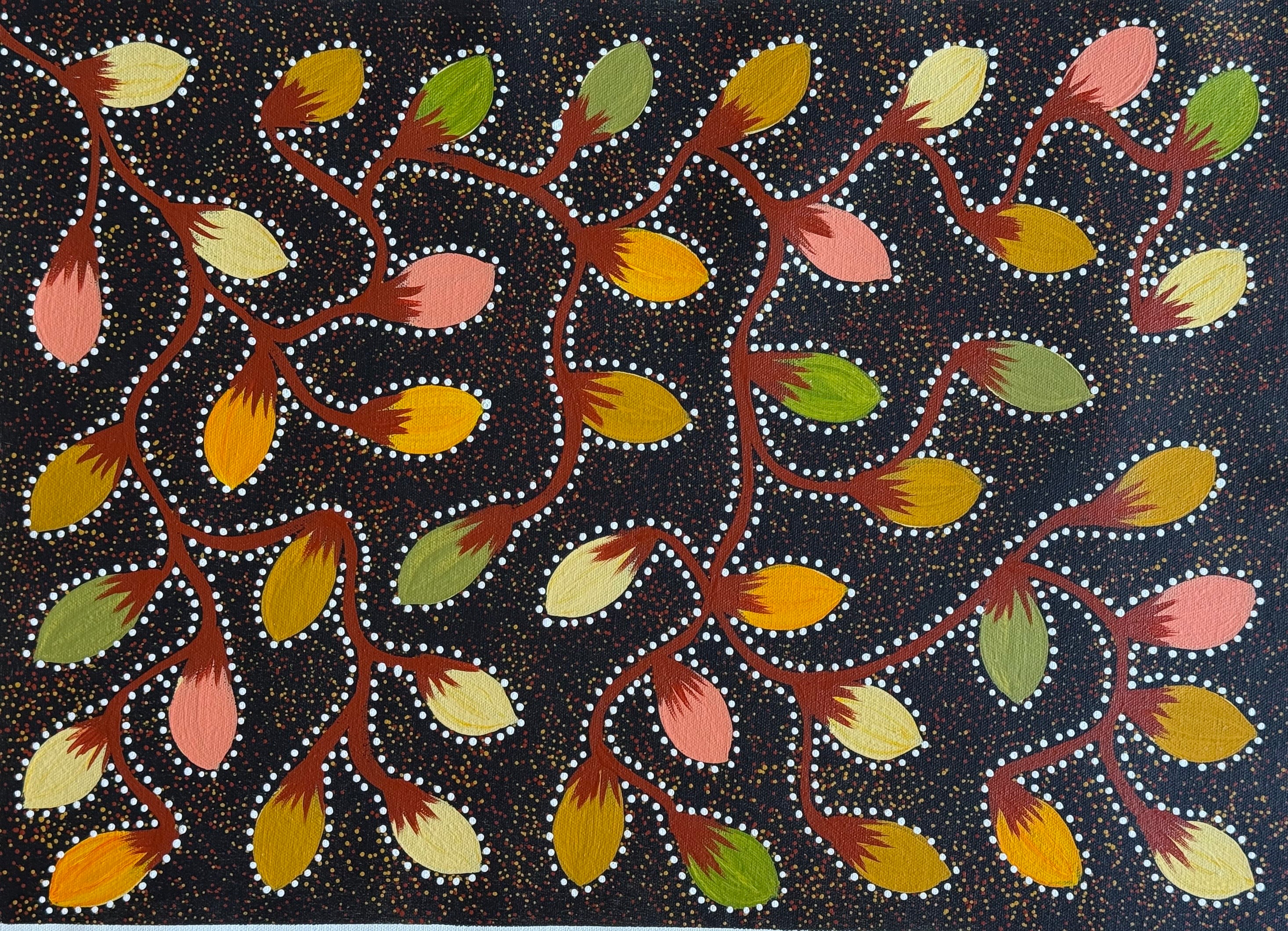 Bush Tomatoes depicts in vines with white dots around them, painted by Jacinta Numina Waugh | Raintree Art Aboriginal Art Ballarat