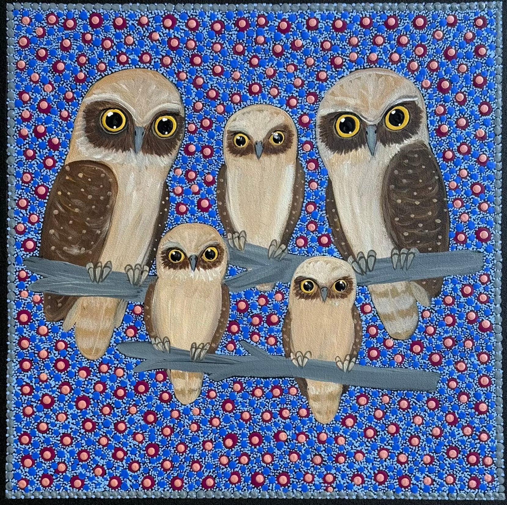 Five owls on a branch with a blue and pink patterned background | Raintree Art Aboriginal Art Ballarat